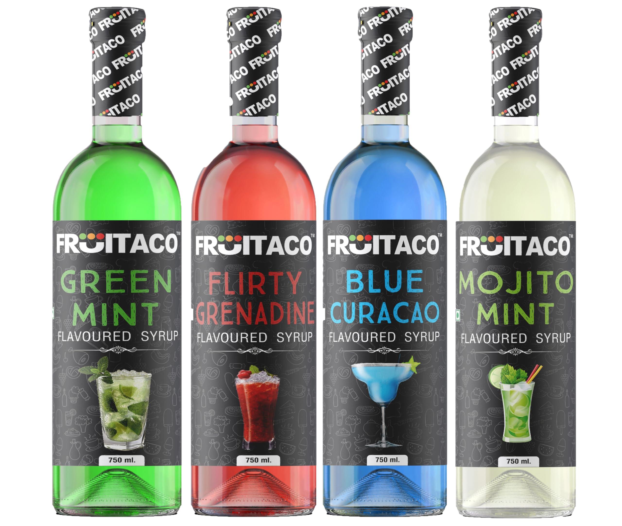 Fruitaco Fruitaco Blue Curacao Grenadine Green Mint Mojito Mint Combo - Elevate Your Cocktails and Mocktails with Bursting Flavors Pack of 4 750ml Each
