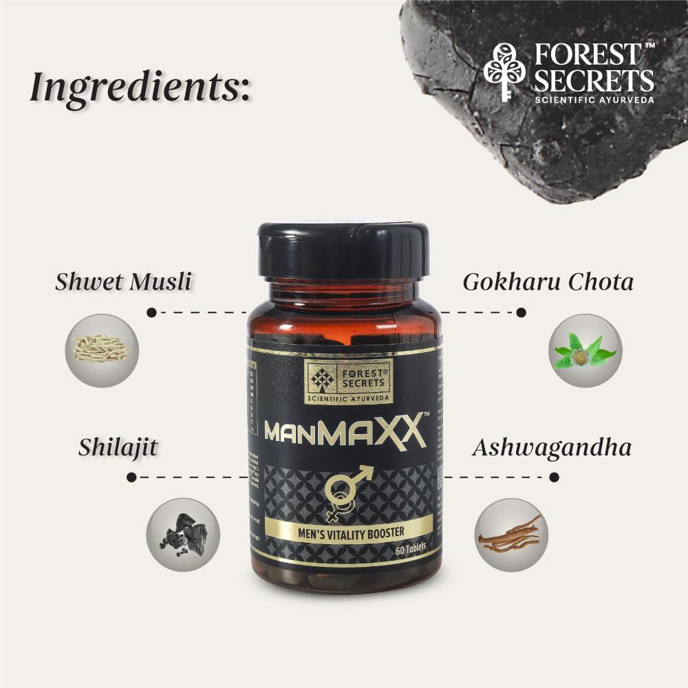 FOREST SECRETS Forest Secrets Manmaxx- Men\'s Vitality Booster, 60 tablets | For Stamina & Energy Booster For Men| Enriched Shilajit & Ashwagandha (Pack of 1)