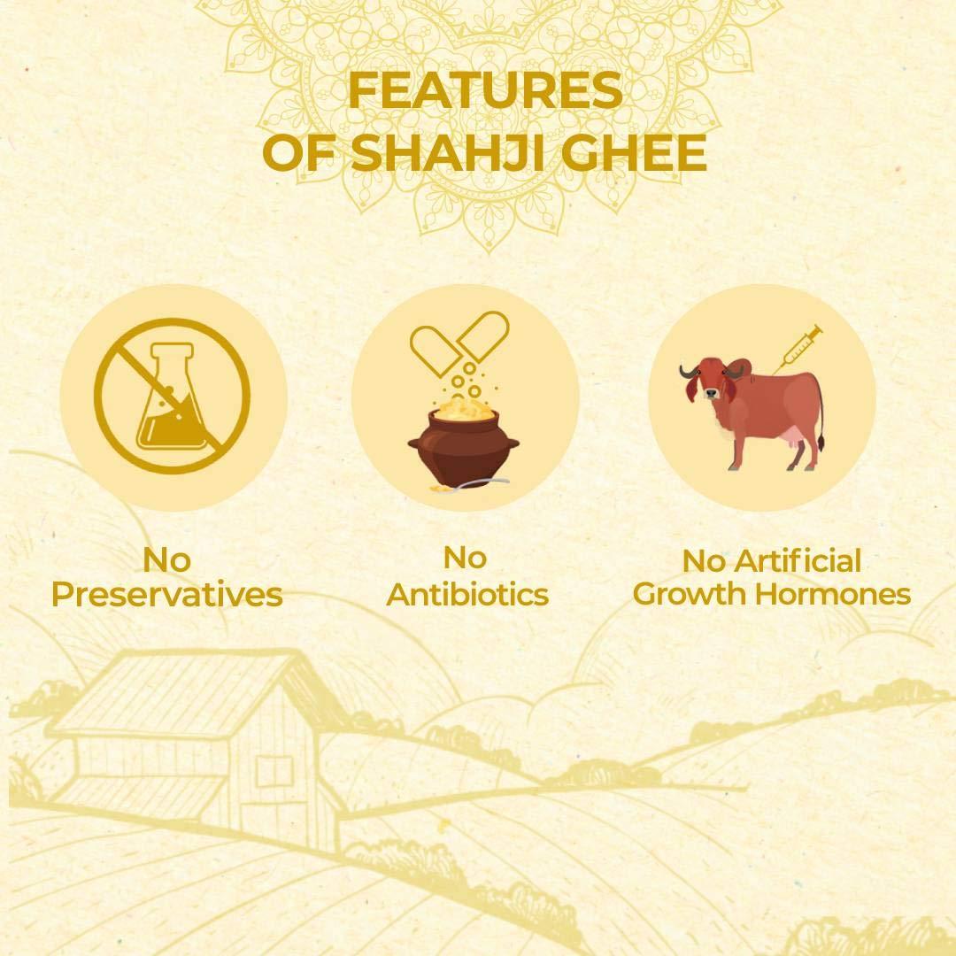 SHAHJI Shahji Pure A2 Gir Cow Desi Ghee 1L Glass Jar | Crafted with Vedic Bilona Method from 100% Desi Gir Cow Milk | Grassfed, Premium, and Traditional Ghee to Boost Immunity and Digestion | Lab Tested for Quality | Maa Ke Hath Ka Ghee | Serving Since 1957