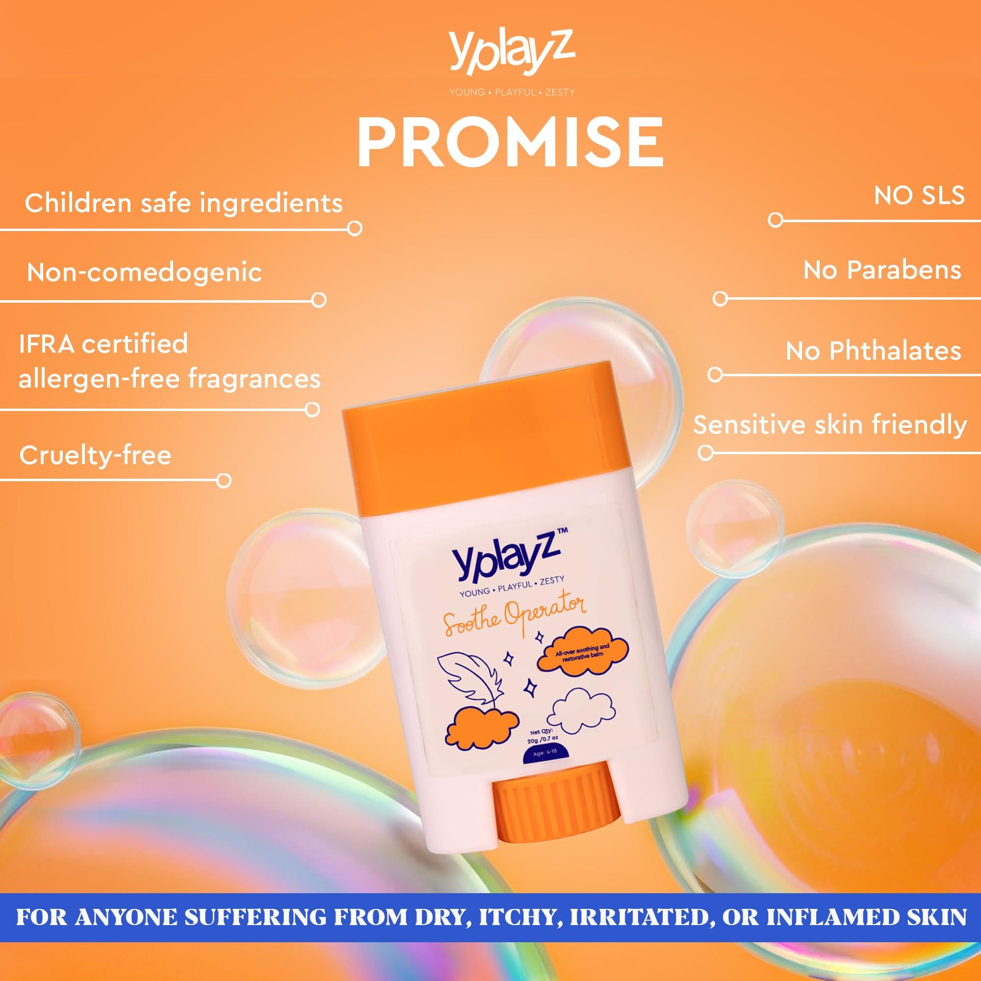 YplayZ Y Play Z Soothe Operator Soothing Balm for Kids - Instant Itch Relief, Non-Sticky Moisturizer for Dry Skin with Avocado Oil, Rice Water & Colloidal Oatmeal, Safe for Face & Body, Ages 4-18, 20g