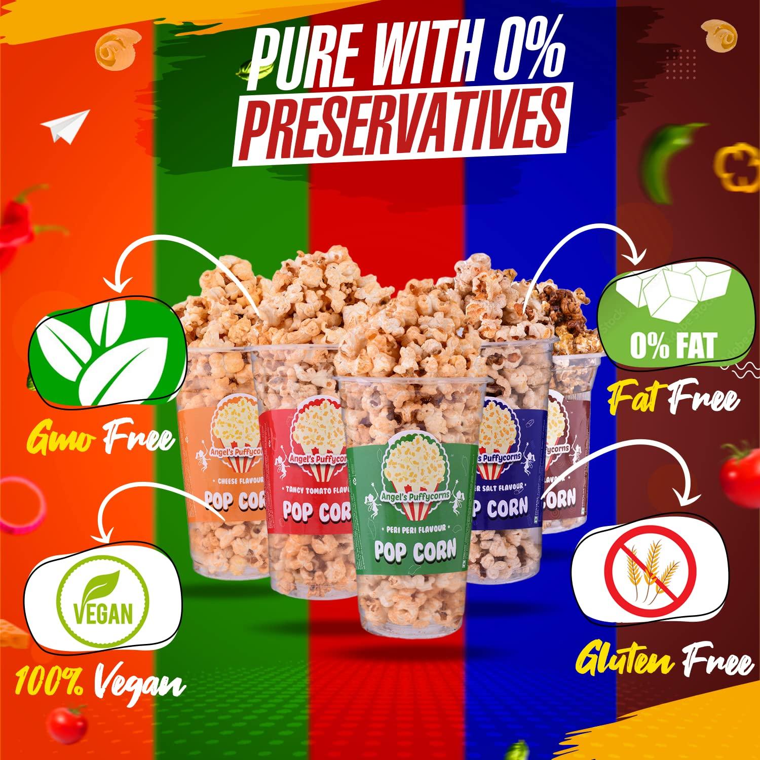Angels Angels Puffycorns Flavoured Ready to Eat Popcorn - Mix Flavour - Pack of 6 Units (2 Cheese, 1 Tangy Tomato, 1 Butter Salted, 1 Peri Peri & 1 Caramel)