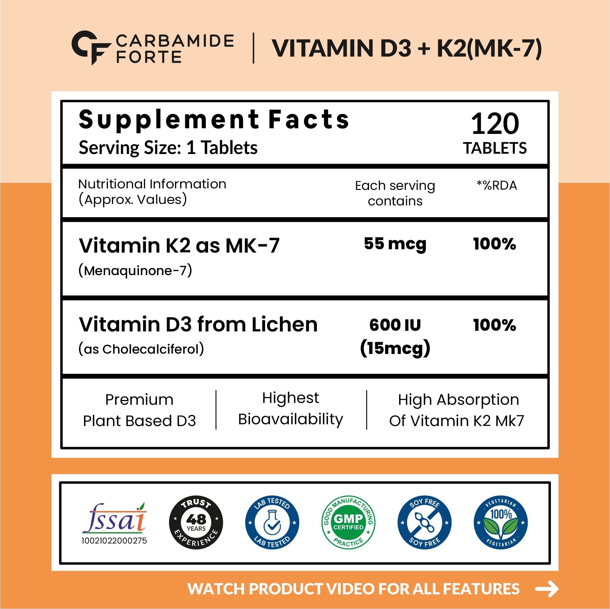 Carbamide Forte Carbamide Forte Vitamin D3 K2 | Vitamin D3 K2 Supplement for Bone & Heart Health | Vitamin D tablets with Vitamin K2 MK7 | Premium Vitamin D3 supplement with K2 for Wellness -120 Veg Tablets