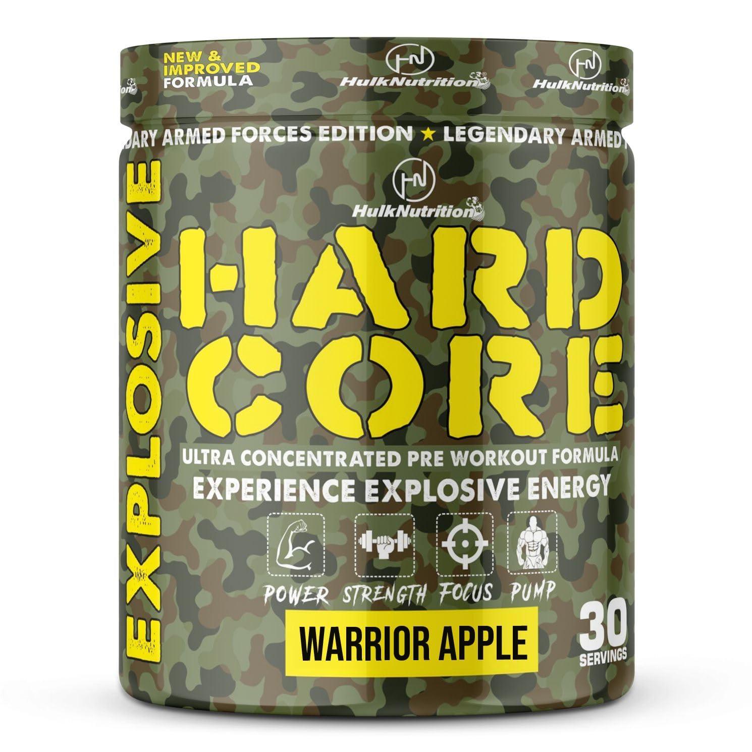 HulkNutrition Hulk Nutrition Hardcore Pre-Workout Supplement, Energy Drink with Creatine Monohydrate, Arginine AAKG, Beta-Alanine, Explosive Muscle Pump, Caffeinated Punch - For Men & Women [30 Servings, Warrior Apple] Free Gallon Shaker Bottle