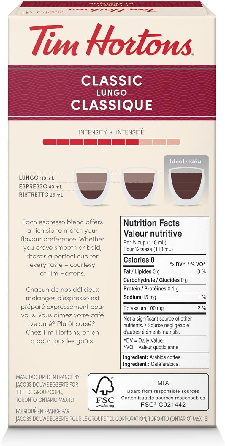 Generic Tim Hortons Classic Lungo Capsules, Intensity 7 Nespresso Original Line Compatible Capsules, 10 Count 52g (Imported)
