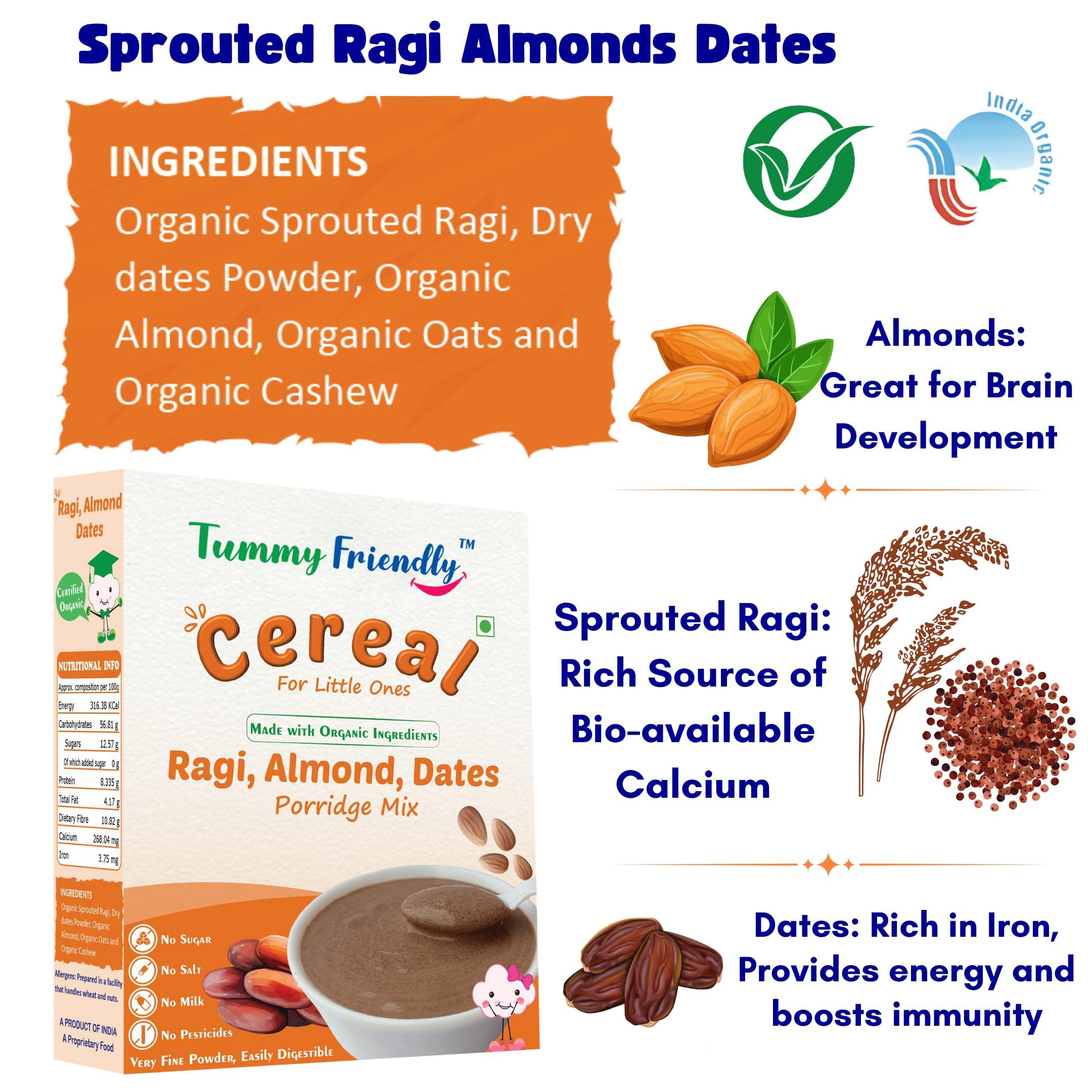 Happy Tumms Happy Tumms Organic Sprouted Ragi Almond Dates Porridge Mix | NO HIDDEN SUGAR | Made of Sprouted Ragi Powder for baby | Sprouted Ragi for Calcium, Iron | Real Food No Chemicals | Available in Trial Baby Packs too | Shelf-life 9 month | 200g