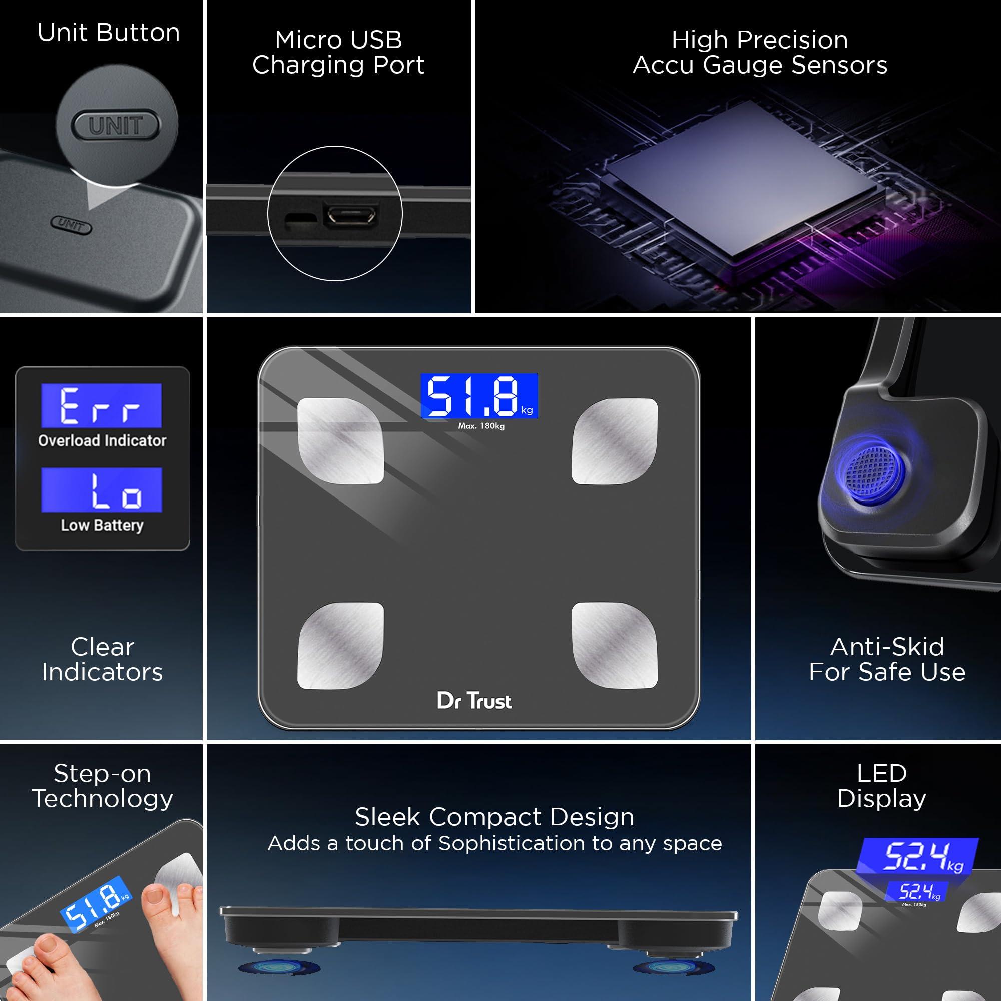 Dr Trust Dr Trust (USA) Rechargeable Bluetooth Digital Smart Fitness Body Fat Composition Analyzer BMI Weight Machine For Human USB Electronic Weighing Scale- 505 (Gray)