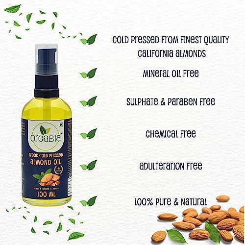 ORGABIA Orgabia Cold Pressed Sweet Almond Oil | Badam Rogan Oil | 100ml Glass Pump Bottle | Wood Pressed | 100% Pure & Natural | Chemical Free | For Healthy Skin, Hair & Baby Care