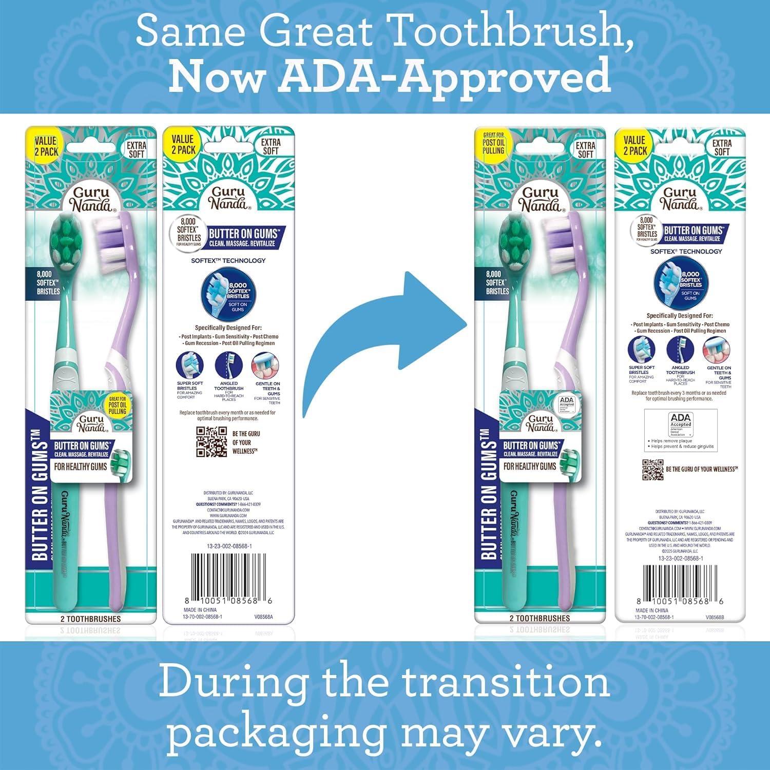 GuruNanda GuruNanda Butter on Gums Toothbrush with Extra Soft Bristles for Sensitive Gums, Soft Toothbrush for Kids & Adults, 2 ct