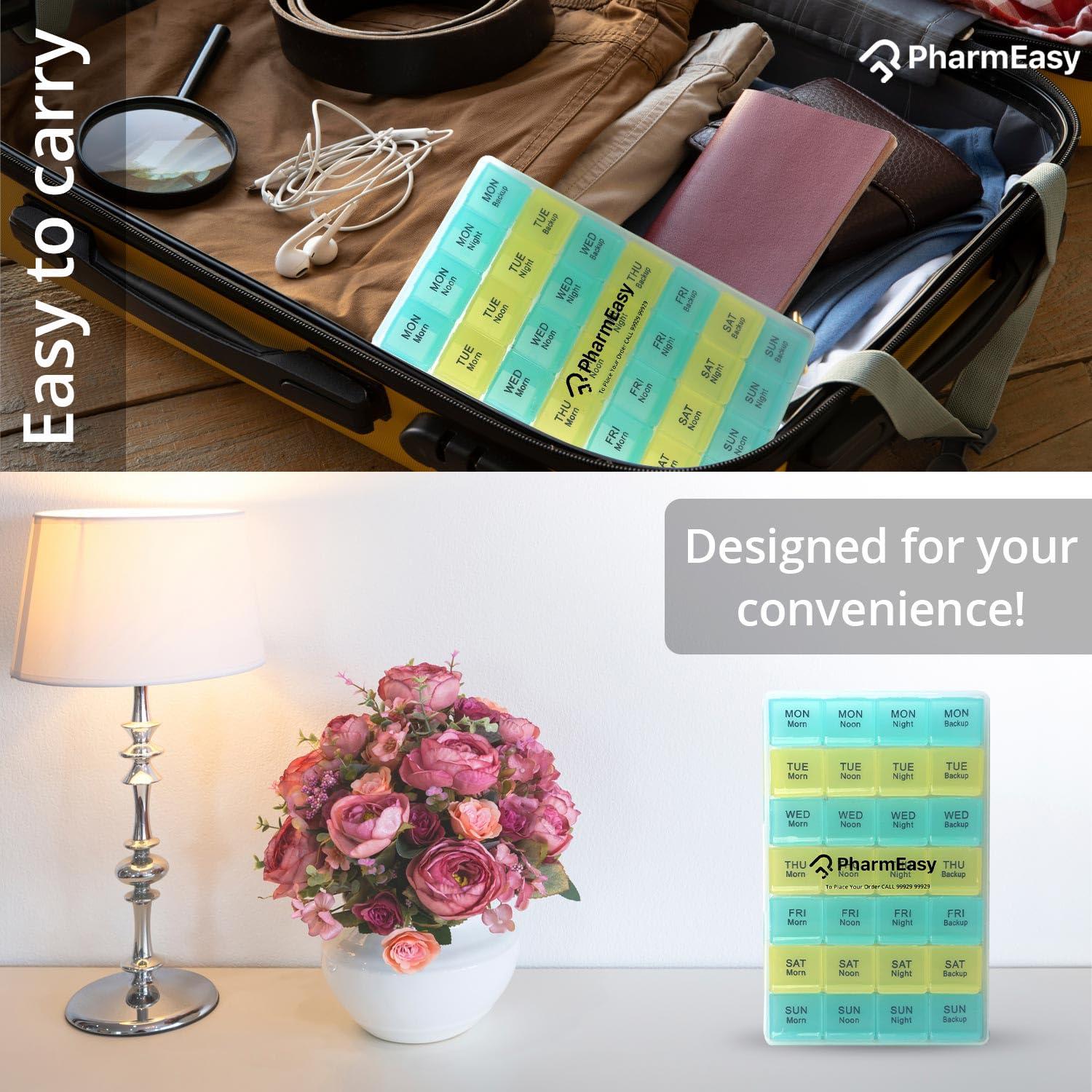 LivEasy PharmEasy 7 Day Weekly Pill Box, Durable Medicine Organizer Box with Extra Large Multicoloured Compartments and BPA Free Material for Moisture Free Storage - Portable Tablet organiser Box