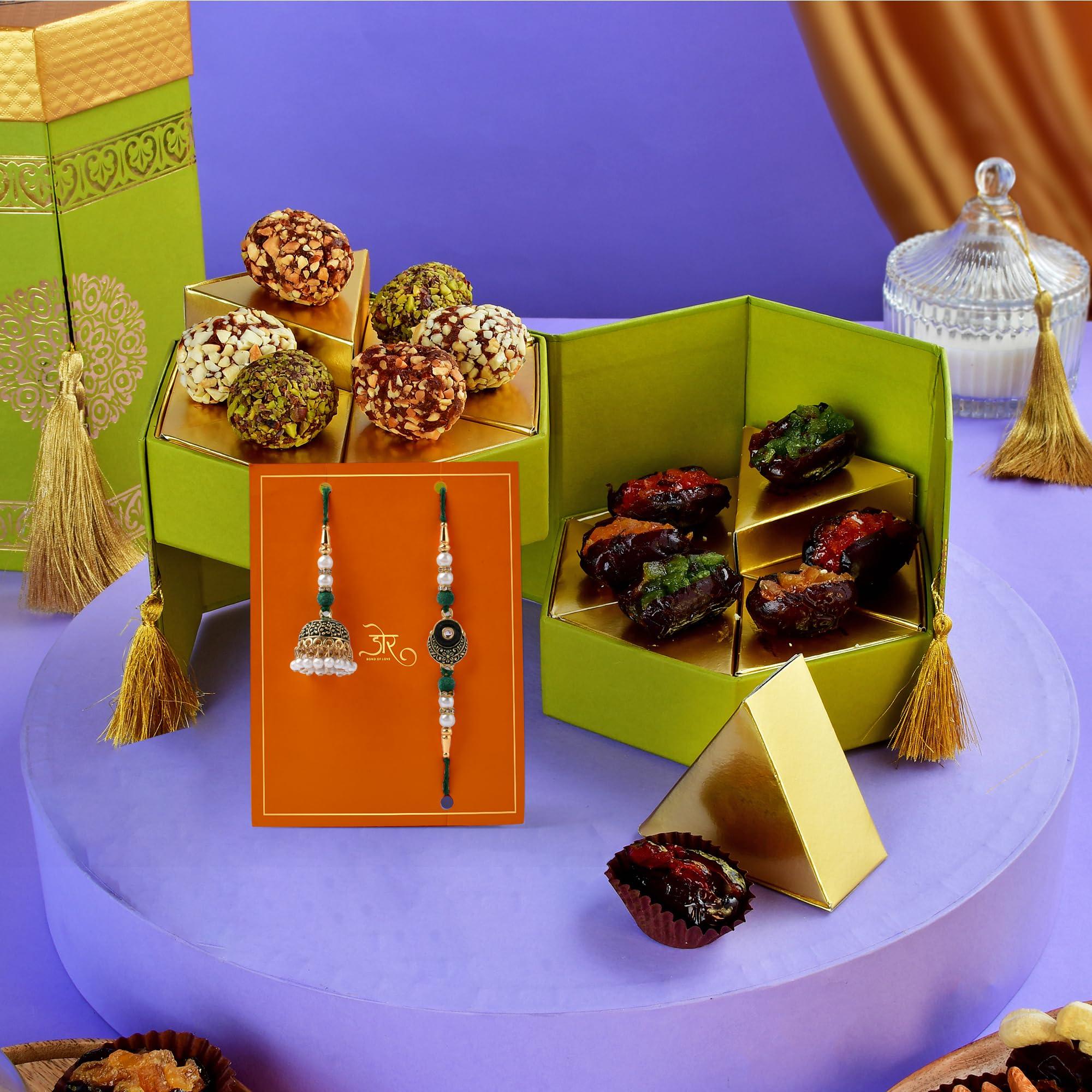 Hamam Dasta Bhai Bhabhi Rakhi Set Rakhi Gift For Brother And Bhabhi Bhaiya Bhabhi Rakhi Set Lumba Rakhi For Bhabhi Rakhi With Sweets Gift Box Barel Candy Dates Box Pearls & Greens Bhaiya Bhabhi Rakhi