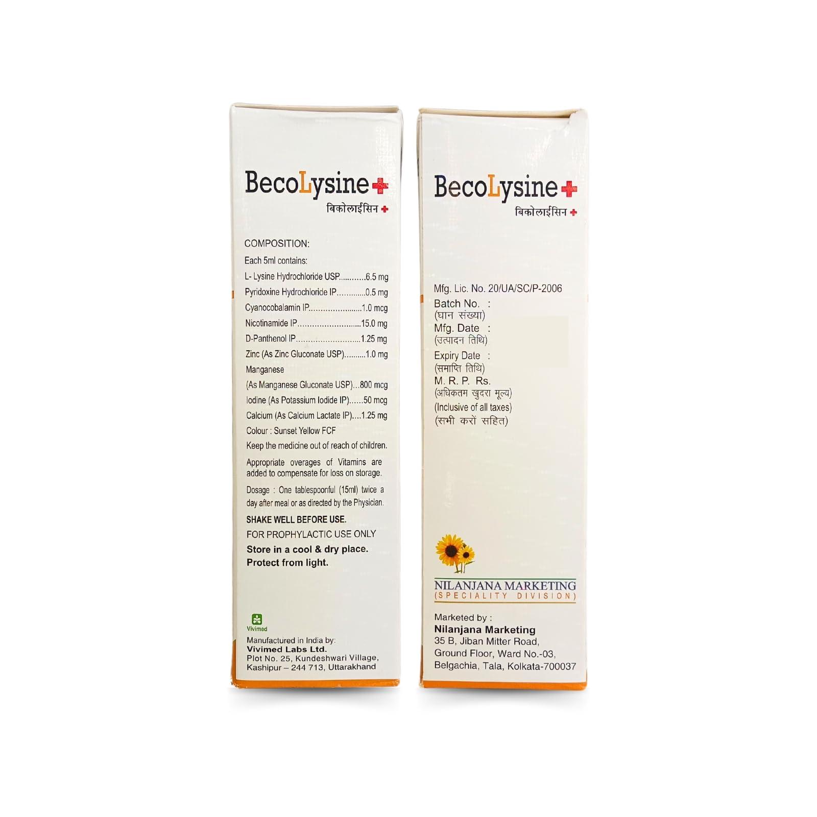 HERBSHD BecoLysine + Syrup For Multivitamin | Multimineral | L-Lysine | 300ml | Pack of 2