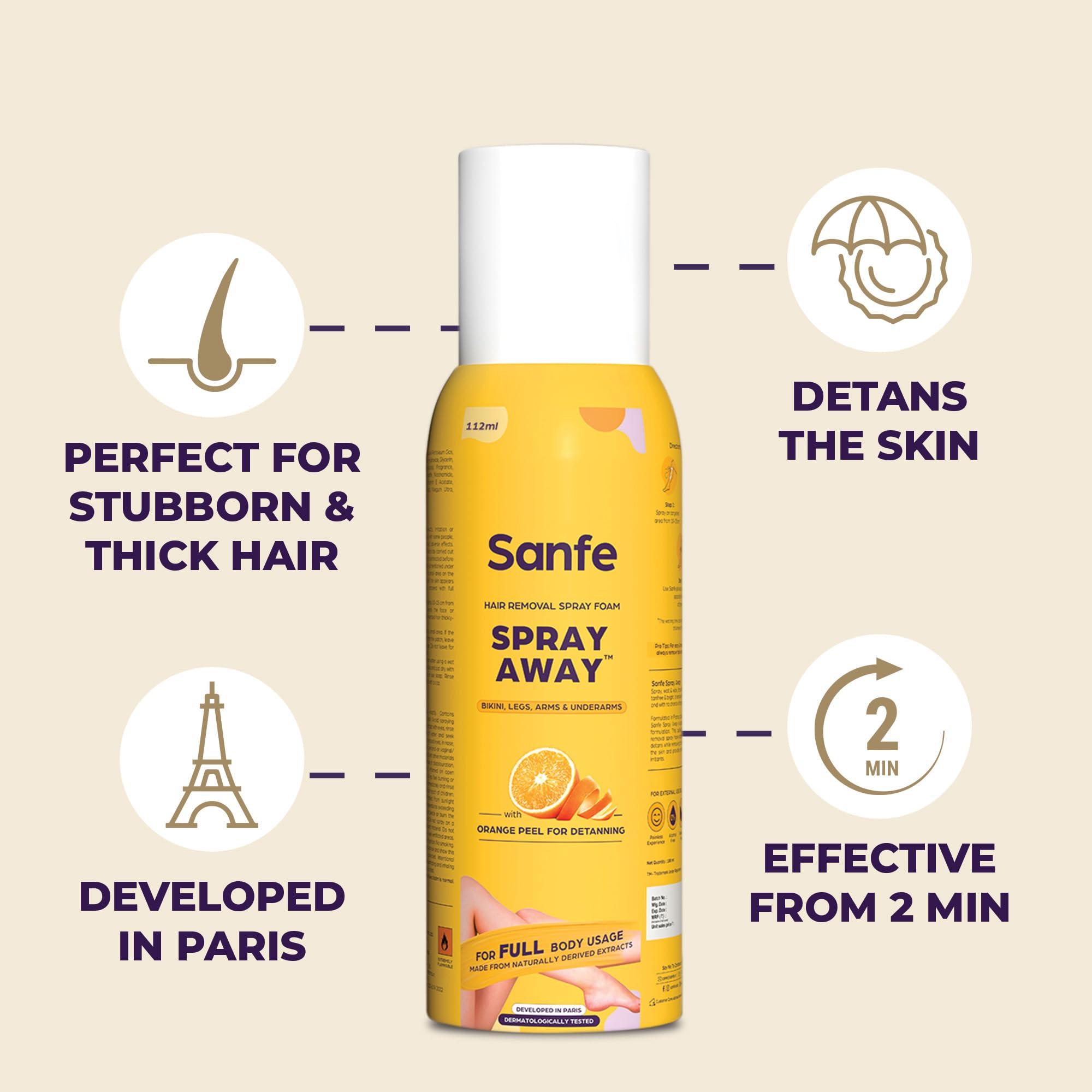 Sanfe Sanfe Painless & Detan Hair Removal Spray Cream - 112 ml | For Chest, Legs, Arms & UnderArm | Removes Hair in 10 Minutes with Skin Detan | Orange Peel, Aloevera, Vitamin E & Niacinamide | Dermatologist Tested