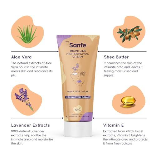 Sanfe Sanfe Bikini Line Hair Removal Cream WIth Aloe Vera Extract Perfect for Legs, Underarms, Bikini Line, Arms | 3x Longer Lasting Smoothness than Razors | With No Bad Smell - 100 Gram (Pack Of 2)