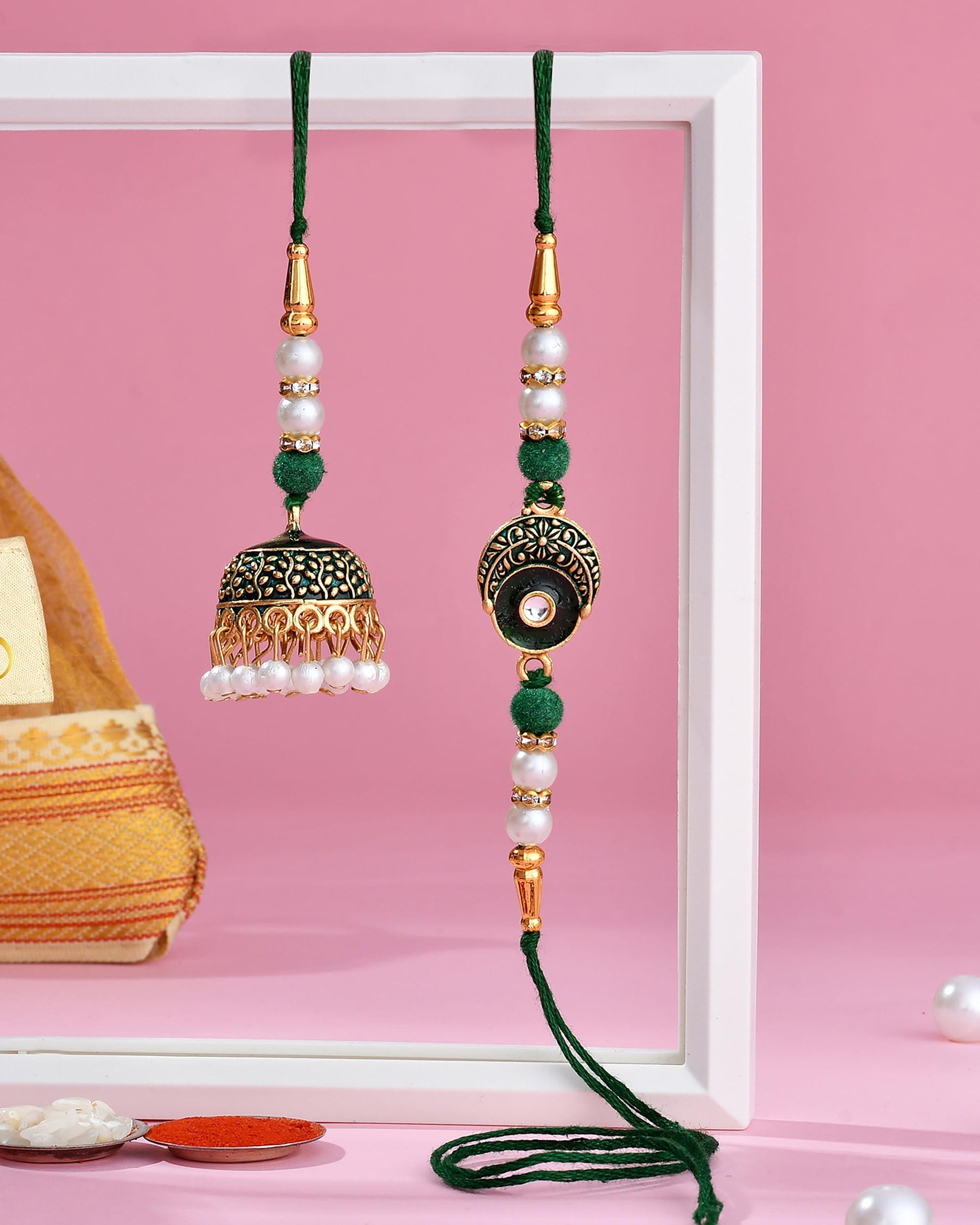 Hamam Dasta Bhai Bhabhi Rakhi Set Rakhi Gift For Brother And Bhabhi Bhaiya Bhabhi Rakhi Set Lumba Rakhi For Bhabhi Rakhi With Sweets Gift Box Barel Candy Dates Box Pearls & Greens Bhaiya Bhabhi Rakhi