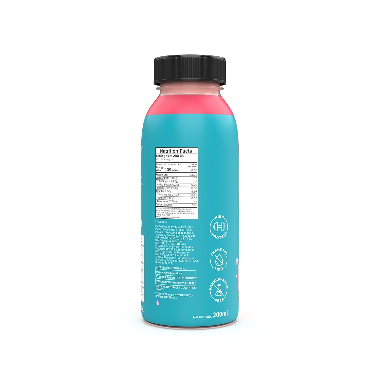 Phab Phab Strawberry Protein Milkshakes(200Ml, Pack Of 24) With 18G Protein & No Added Sugar | Gluten-Free & Gut-Friendly, Trans Fat Free | Healthy & Delicious Protein Shake