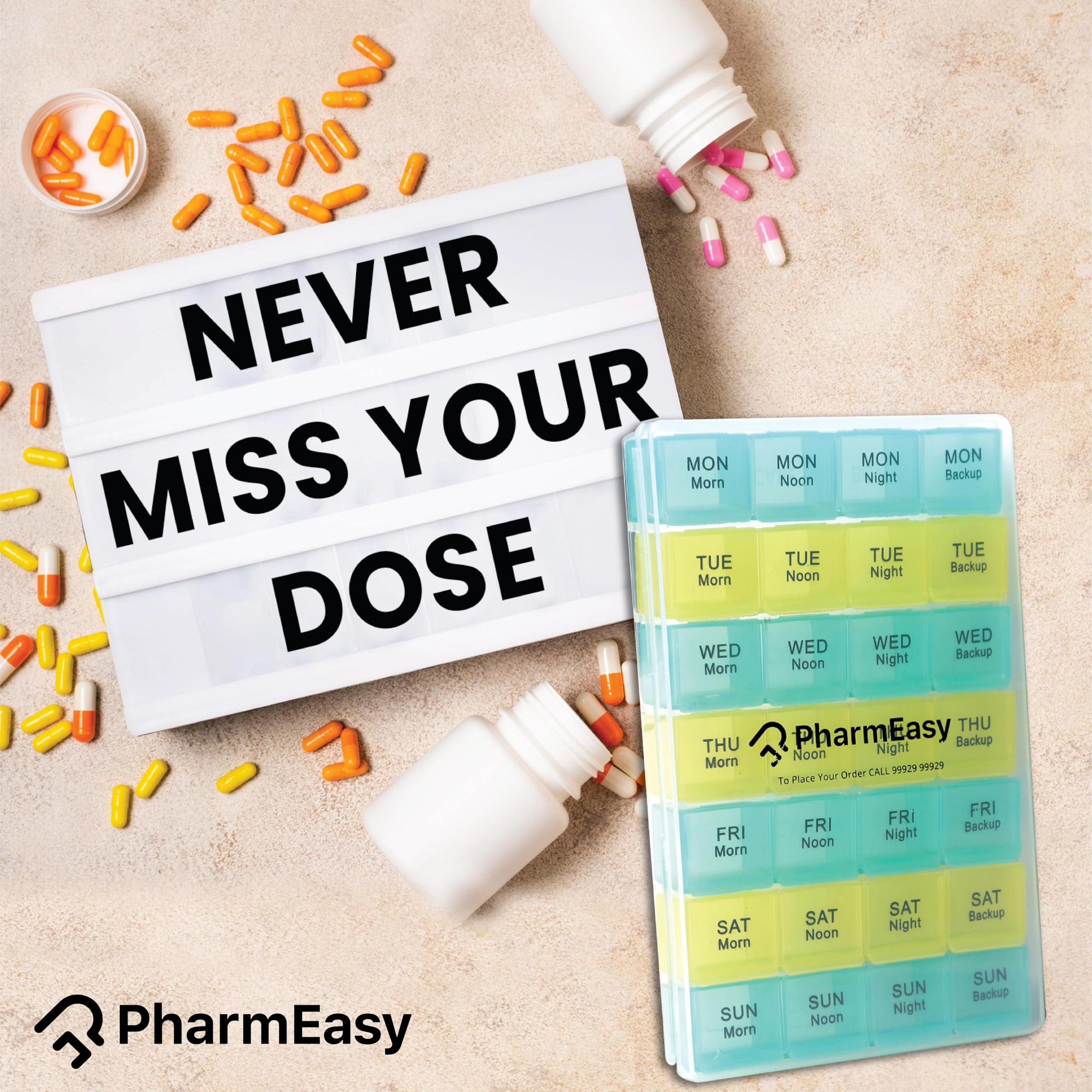 LivEasy PharmEasy 7 Day Weekly Pill Box, Durable Medicine Organizer Box with Extra Large Multicoloured Compartments and BPA Free Material for Moisture Free Storage - Portable Tablet organiser Box