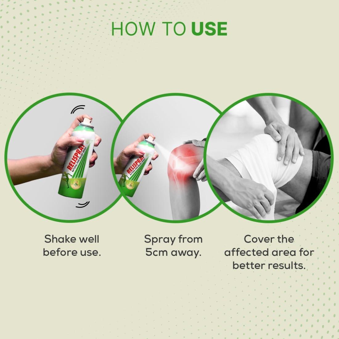 Relispray RELISPRAY Instant Pain Relief | Purely Ayurvedic Spray | Unique Pain relieving Technology for - Elbow pain, Backache, Knee pain, Muscle pain, Tired feet, Ankle sprain | Keeps pain away longer | Over 475 Spray | 95g pack of 3
