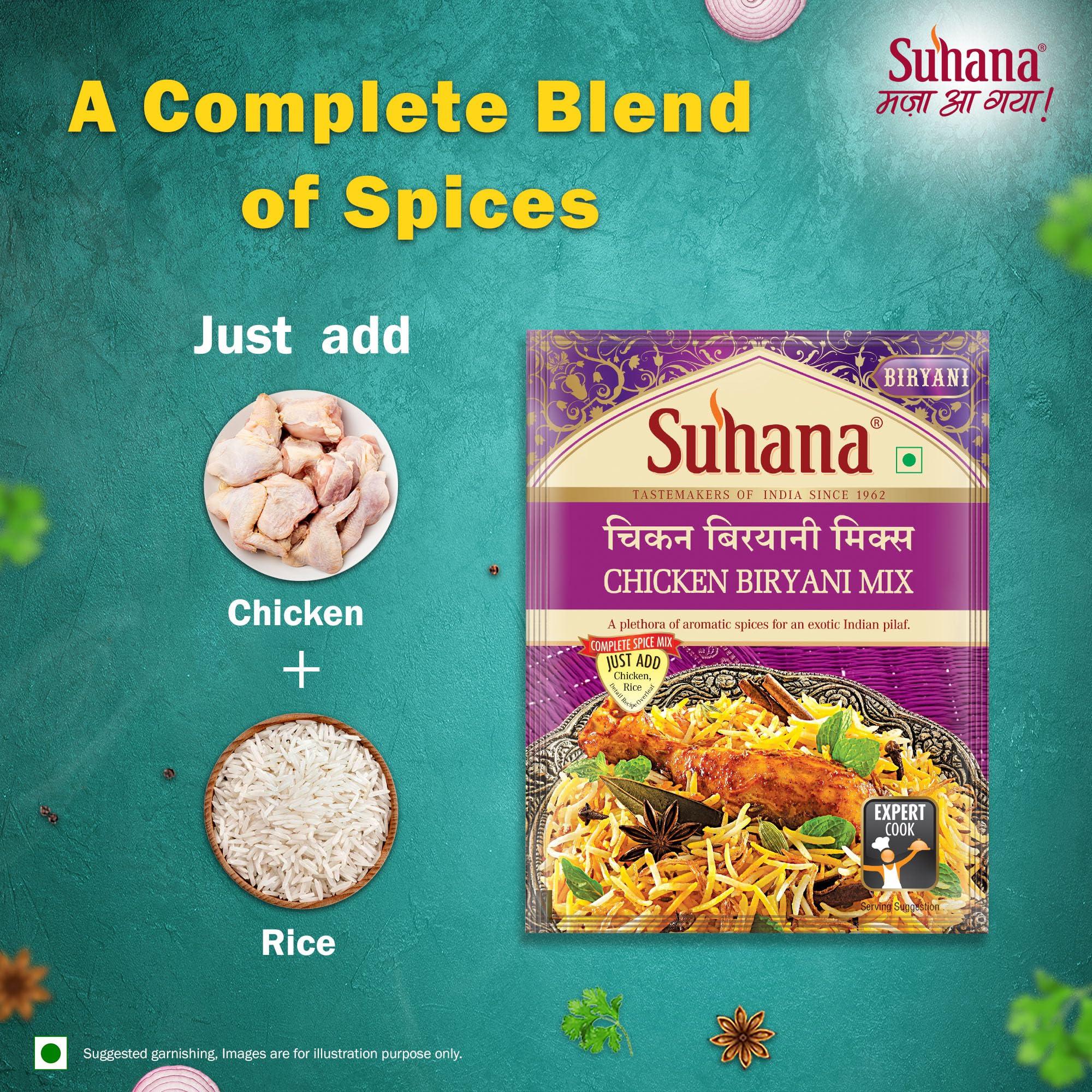 Suhana Suhana Chicken Biryani Masala 50g Pouch, (300g - 50g X 6 pouch), No Added MSG & Preservatives, Complete Spice Mix.