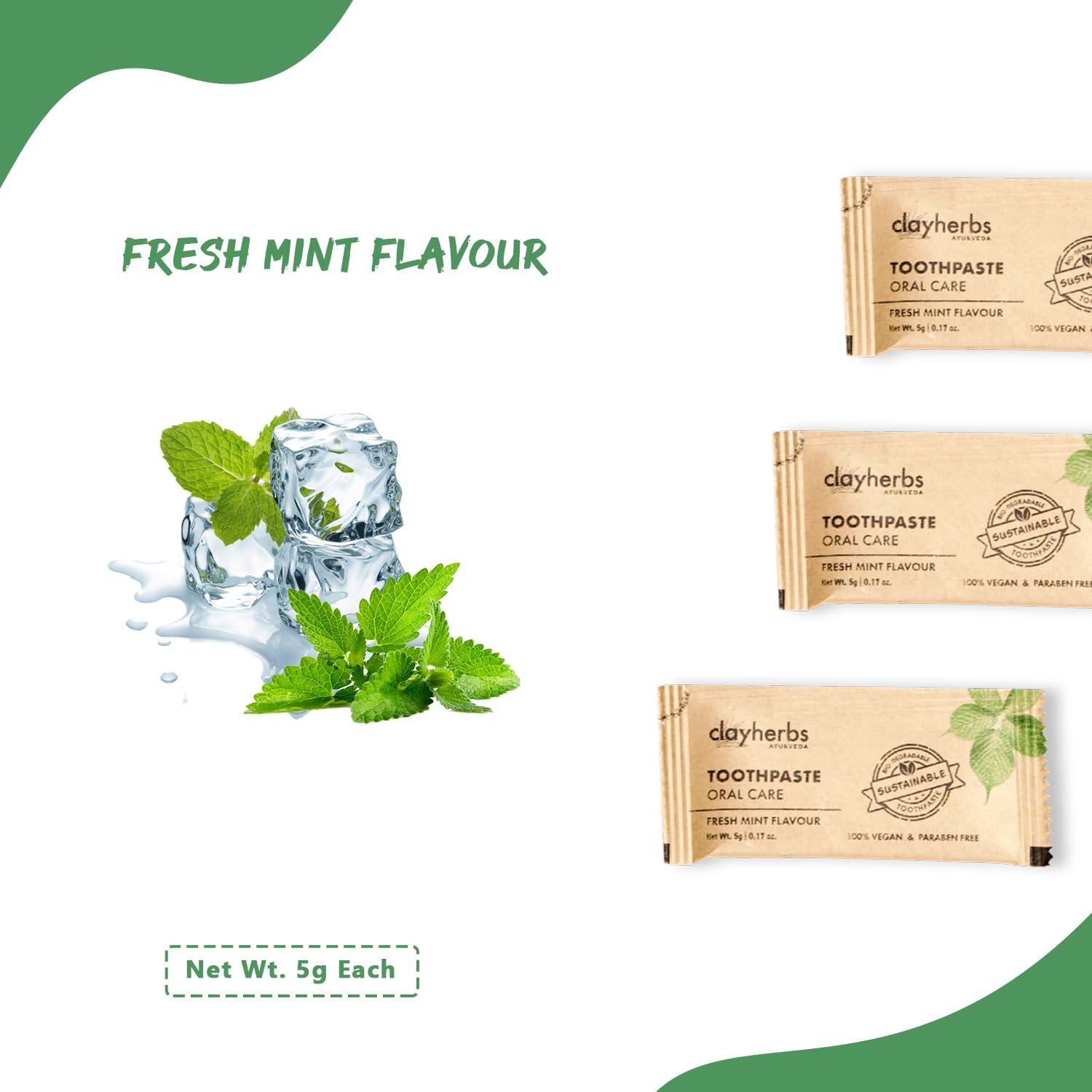 clayherbs Clayherbs (Pack-50) Sustainable Eco-Friendly Organic Bamboo Toothbrush and Toothpaste Sachet, Natural Flavor, Oral Care Biodegradable & Non-Toxic Hotel Dental Kit For Rooms