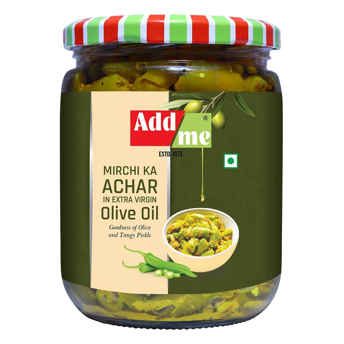 Add me Add me Home Made Green Chilli Pickles in Extra Virgin Olive Oil, 500 gm Mirch ka Achar 500gm Glass Jar