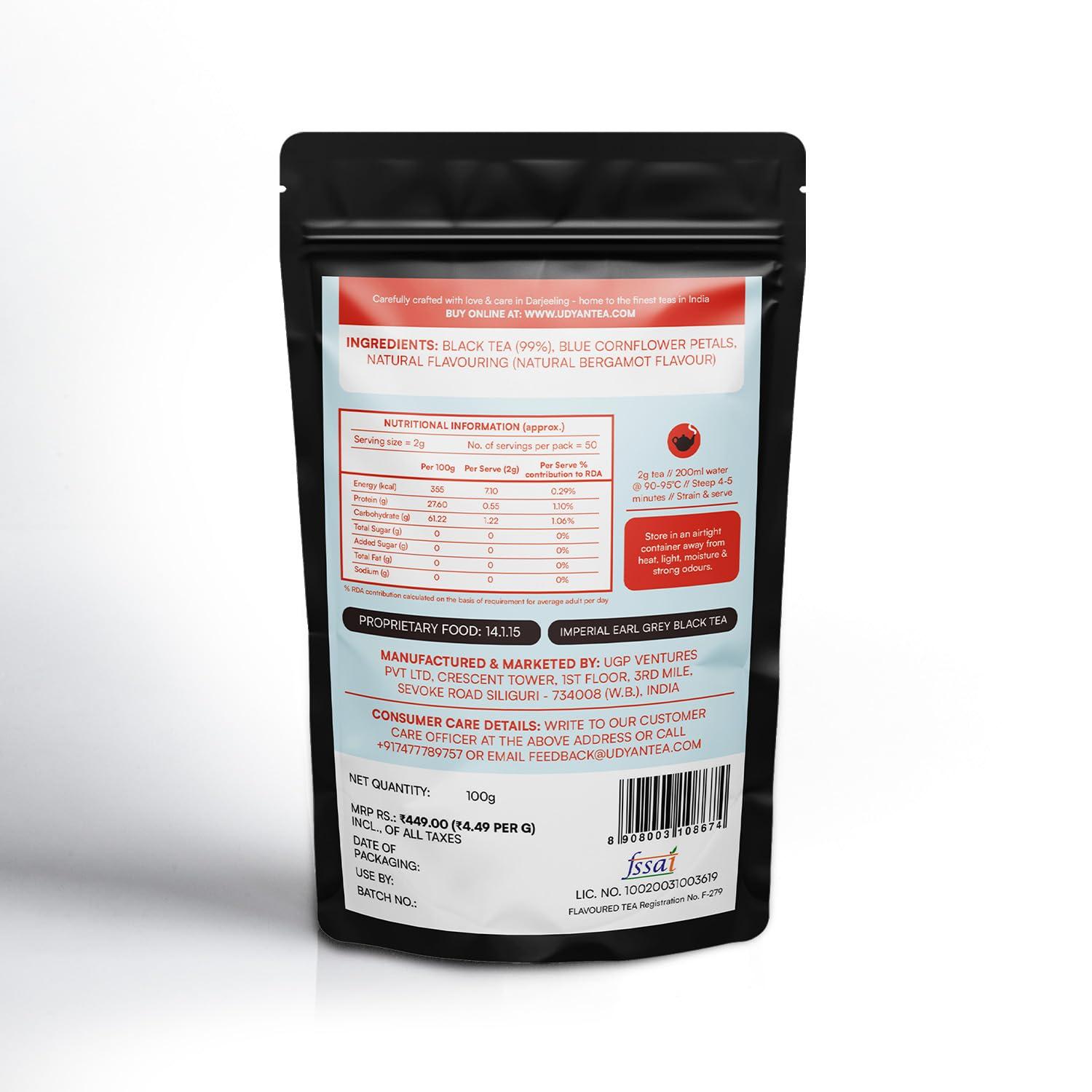 Udyan Tea Udyan Tea Imperial Earl Grey Black Tea, 100g (40 Cups) | Energises & Reduces Fatigue and Stress