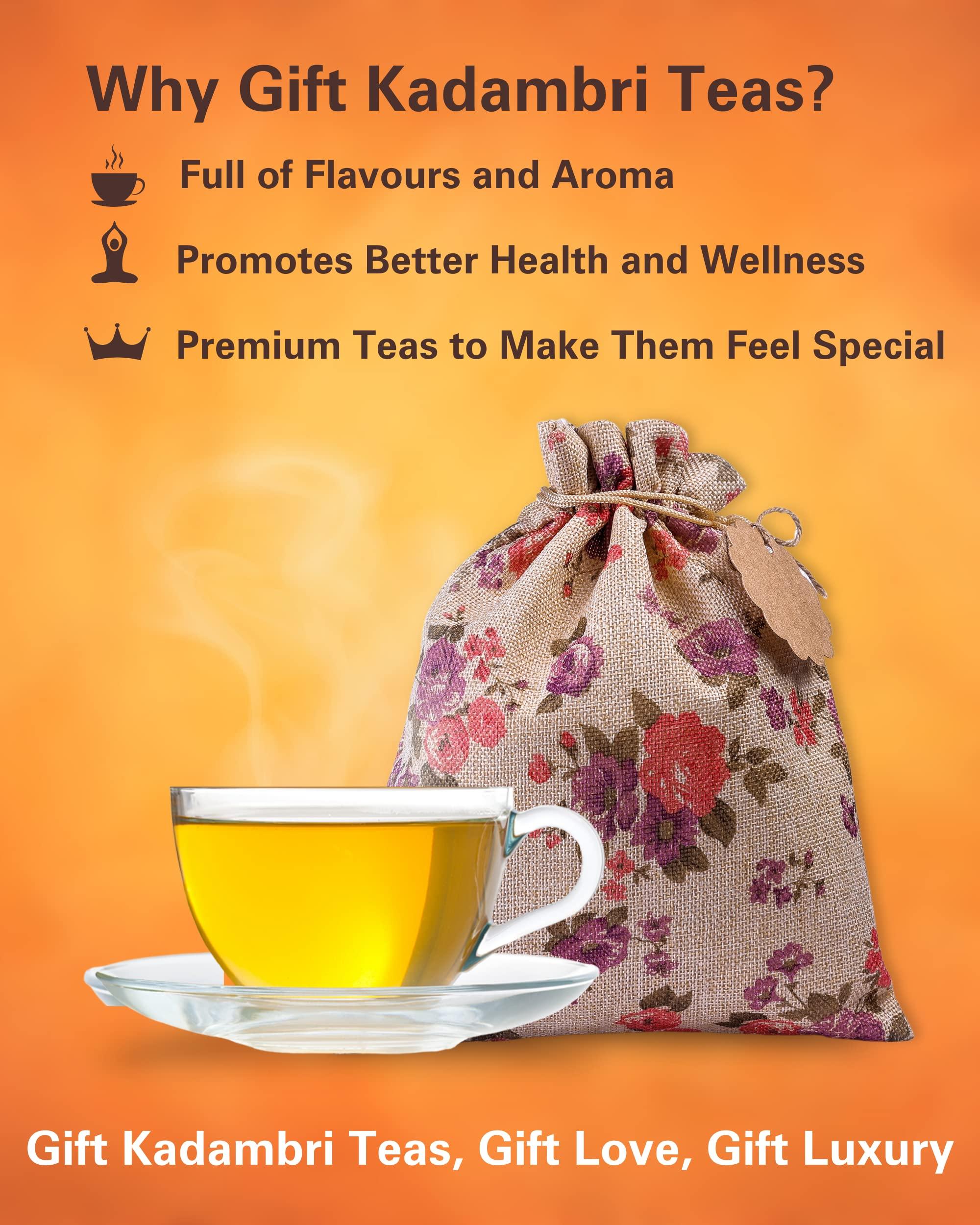 Kadambri Teas Kadambri Teas Rakhi Gift Hamper for Brother, Bhabhi and 1 Kid || Luxury Rakshabandhan Gift Set || Gift Box Contains: 1 Premium Darjeeling Tea (50 gm), 1 Pure Assam Chai (100gm), 3 Rakhis, Roli Chawal in Floral Linen Jute Bag (1 Kids & 2 Adults Rakhis