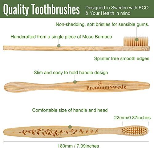Premiumswede Bamboo Toothbrushes Biodegradable Eco Friendly - Natural Wooden Toothbrush with Soft Bristles - for Kids, Adults - Family 10 Pack