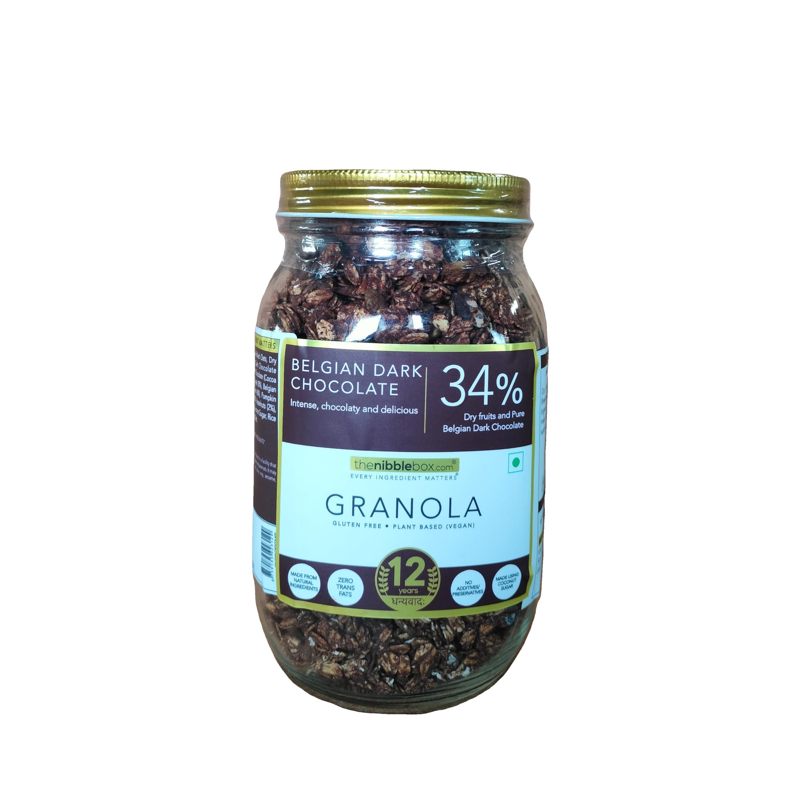 thenibblebox thenibblebox Belgian Dark Chocolate Granola 500g, Jar [34% dry fruits, Gluten free, Plant based/Vegan friendly, No preservatives/additives]