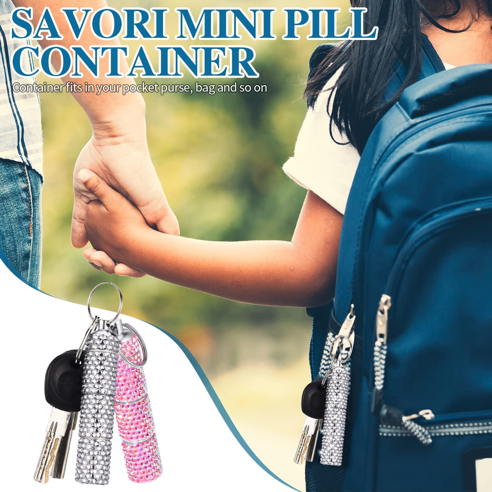 Vesici Vesici 2 Pcs Bling Rhinestone Portable Pill Case with Keychain Small Fancy Container Glitter Waterproof Holder for Women Aluminum Bottle Reusable Outdoor Camping (Pink, White AB)