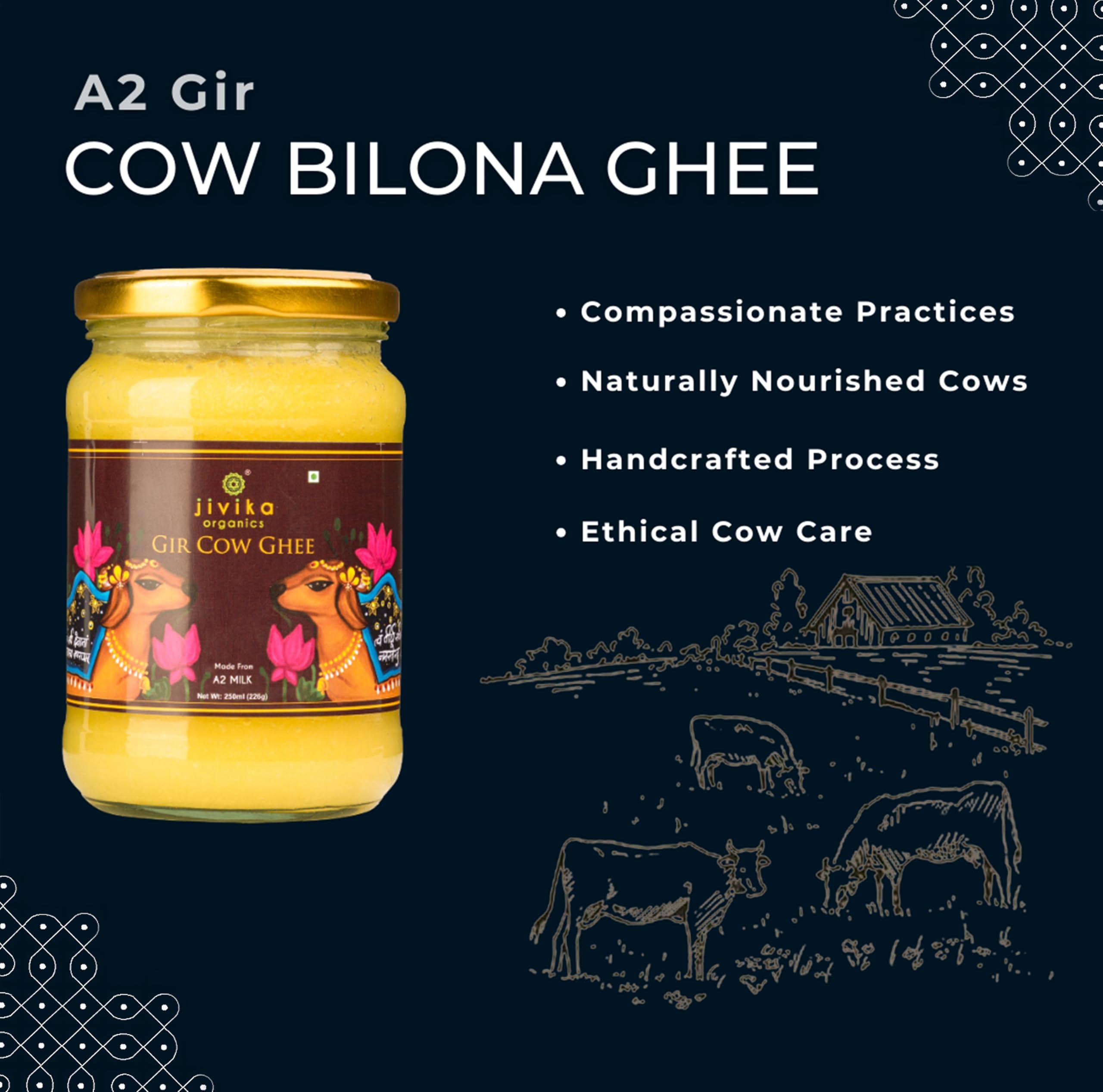 JIVIKA NATURALS Jivika Premium A2 Gir Cow Ghee 250ml | Vedic Bilona Method | Lab Tested | Pure Desi Cow Ghee | Hand Churned Two-way Direction | Churned from Curd | Pure Ghee | Danedar | Glass Jar