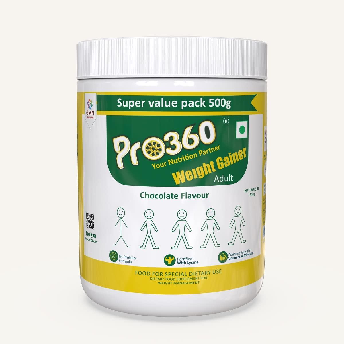 PRO360 Pro360 Weight Gainer High Protein Powder (500 g, Chocolate Flavour )- Calorie Rich Complete Nutritional Supplement - Triple Protein Source with 25 Vital Nutrients for Men & Women -