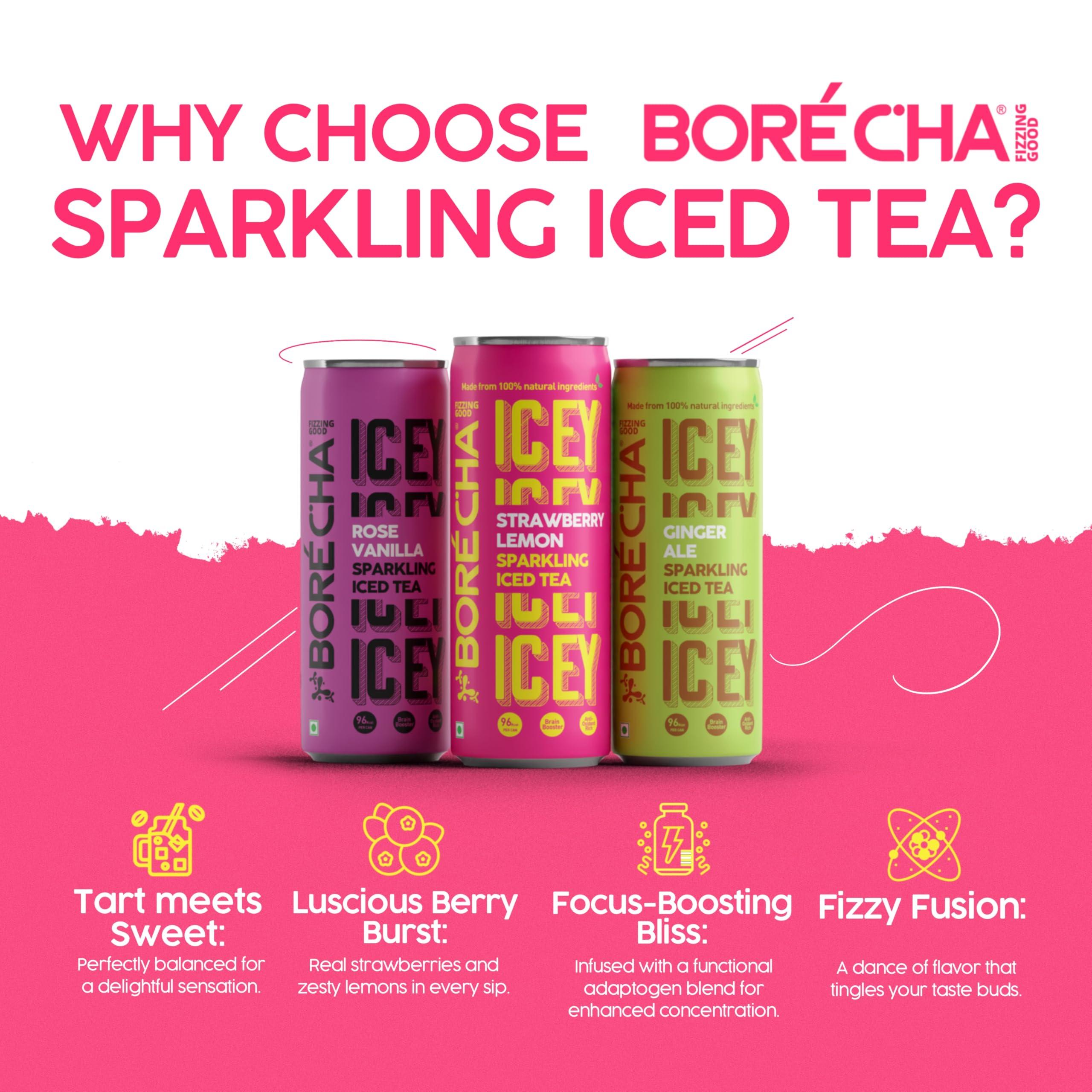 Borcha Borcha ICEY Sparkling Iced Tea 330ml | Cold Brewed | Gut Friendly | Gluten free | Vegan and Unpasteurised | Natural Functional Beverage | (Strawberry Lemonade, Pack Of 12)