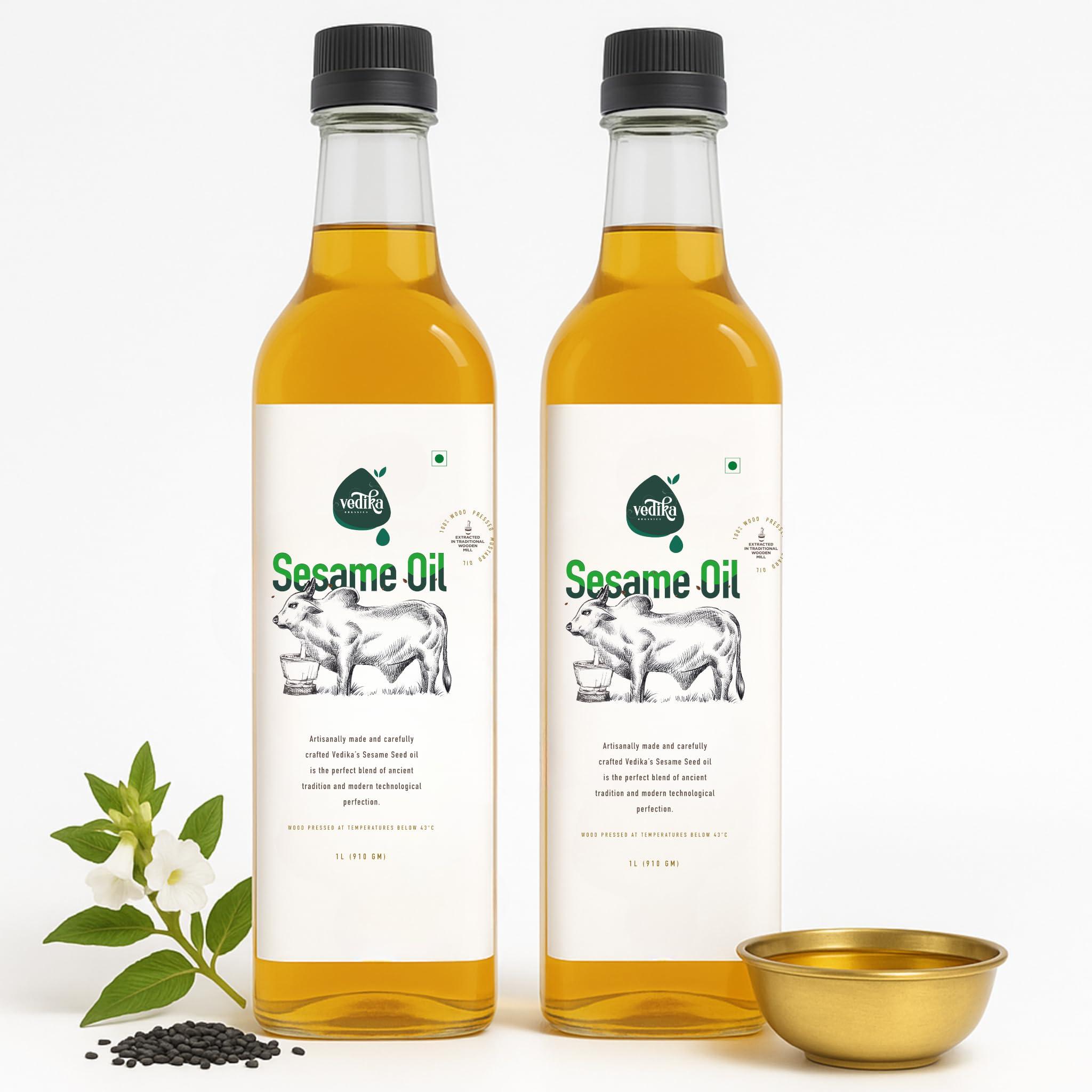 Vedika Organics Vedika Organics Wood Pressed Black Sesame Oil for Cholesterol Free Cooking, Massage, Oral Detox - 100% Natural Seasame Oil, Kacchi Ghani Til Oil - A1 Grade Extra-Virgin Sesame Oil, 1 liter (Pack of 2)