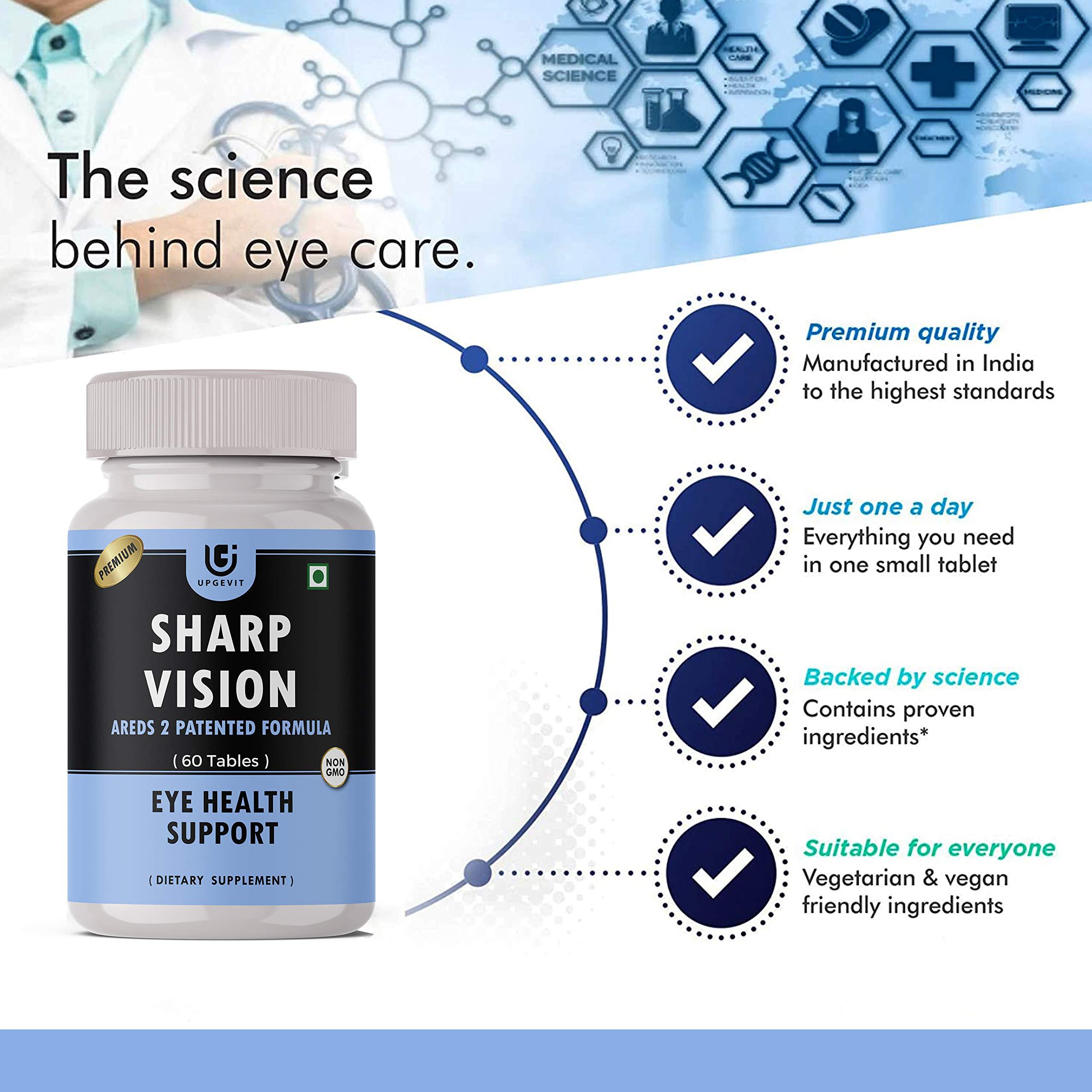 UPGEVIT UPGEVIT Sharp Vision Complete Eye Care Solution With AREDS 2 Patented Formula || Lutein, Zeaxanthin, Bilberry, Vitamin E, Copper And Zinc Supplement - 60 Veg Tablets