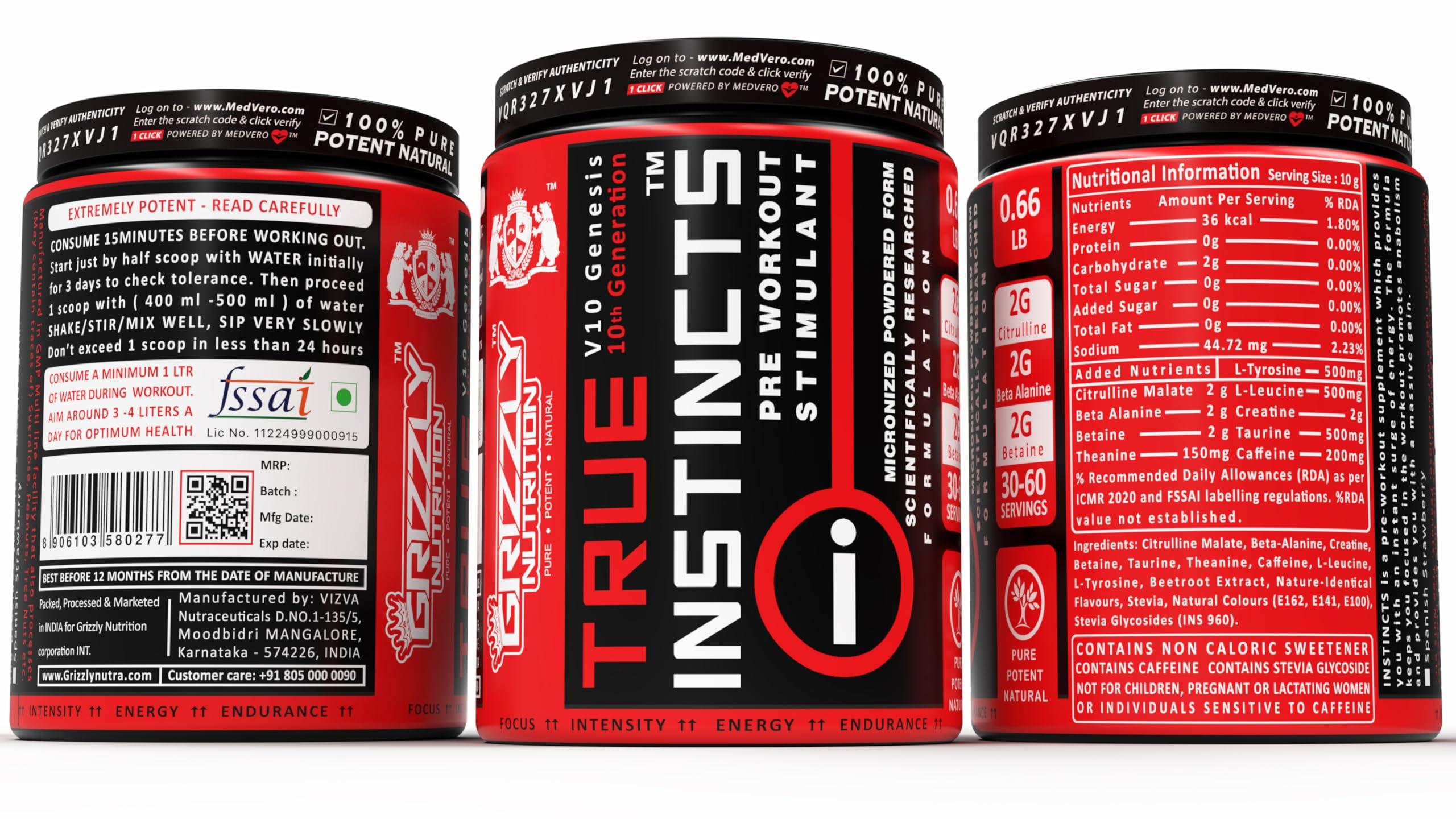 Grizzly Nutrition Grizzly Nutrition True Instincts Pre Workout (300gms Powder, Watermelon Tequila Flavour)- V6 Genesis-/6th generation/ upto 60 Servings, citrulline, beta alanine, theanine +13 performance boosters