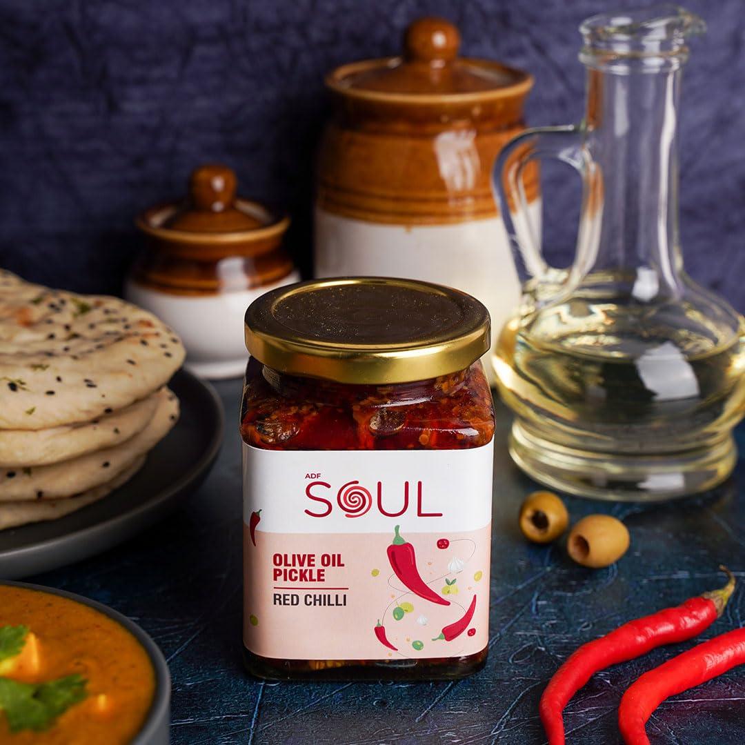 ADF Soul Soul Pickle and Chutney Combo Pack of 3 (Garlic Pickle 275 GM + Red Chilli Pickle 265 GM+ Garlic Chutney 275 GM ) in Olive Oil