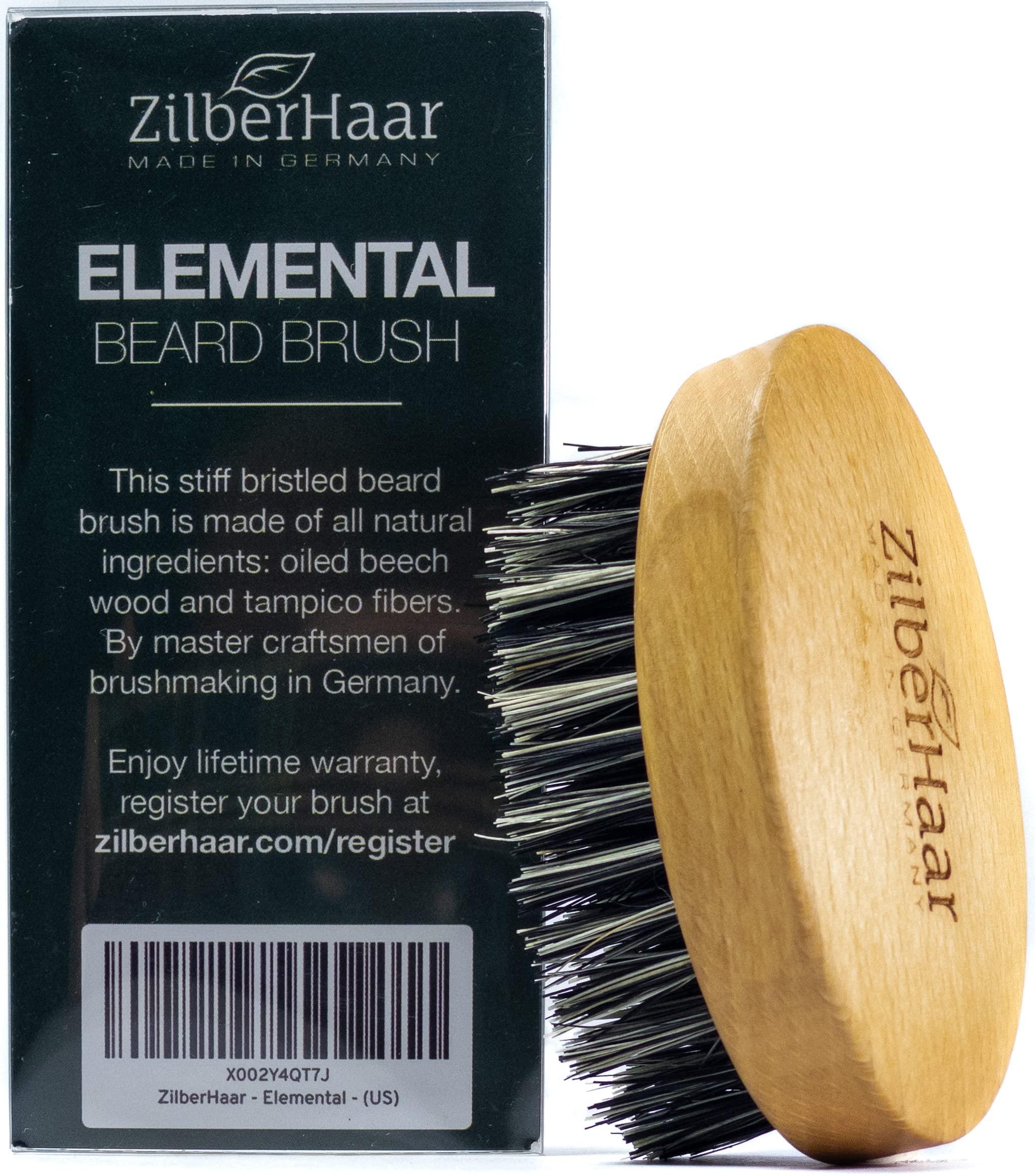 ZilberHaar ZilberHaar - Elemental Beard Brush for Men and Mustache Brush - Stiff Natural Bristles and Beech wood - 100% Animal free - Made in Germany - 3 inches long