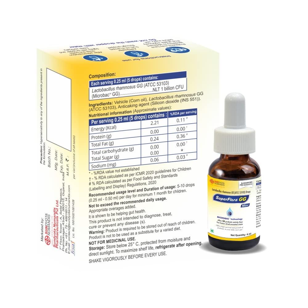 Sundyota Lifecare Sundyota's Superflora GG Probiotic Supplement MINI Drops | Specially designed for baby for diarrhoea in kids and badies | 5x superior efficacy | Flavor-less lactobacillus probiotic | 4ml Mini Pack