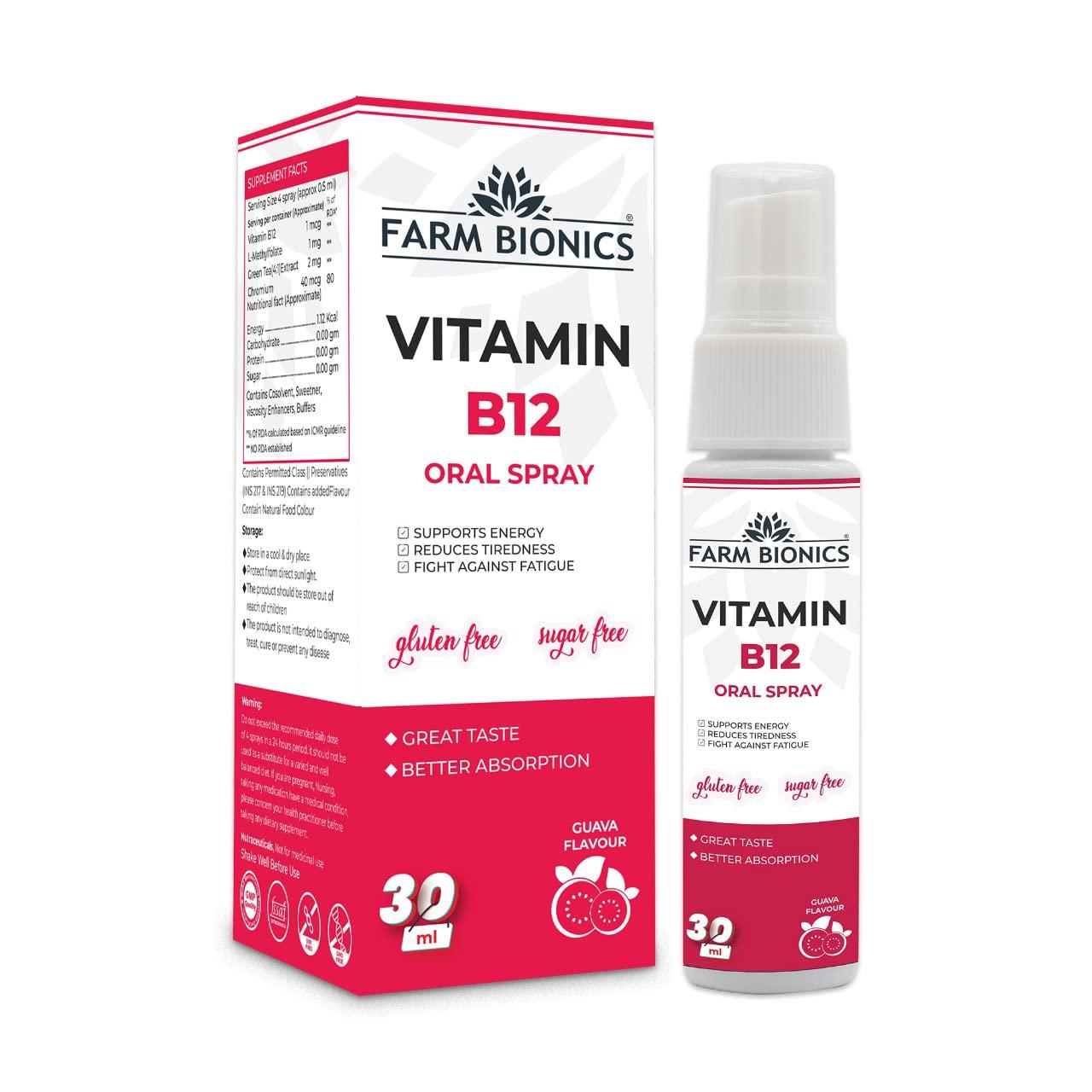 FARM BIONICS FARM BIONICS Combo of Guava Flavour Vitamin B12 and Water melon Flavour Vitamin B12 Oral Spray, 30ml | 100% Vegetarian | Sugar and Gluten Free | Immunity Booster Spray for Men and Women