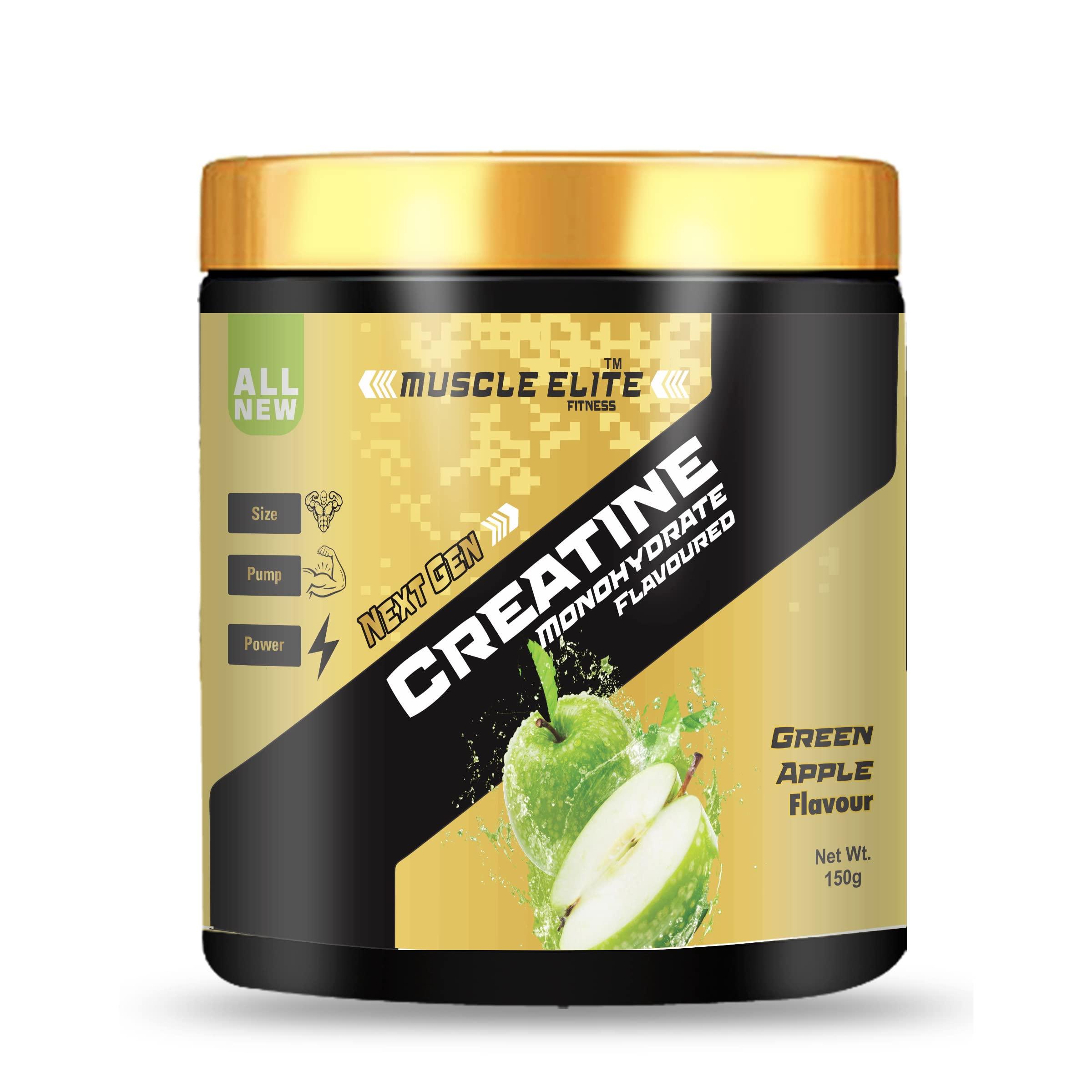 MUSCLE ELITE FITNESS Muscle Elite Fitness Creatine Monohydrate Powder | Supplement For Lean Muscle Growth | Creatine Powder New Generation Gym Supplement for Men & Women [50 Servings, Green Apple] Free Shaker