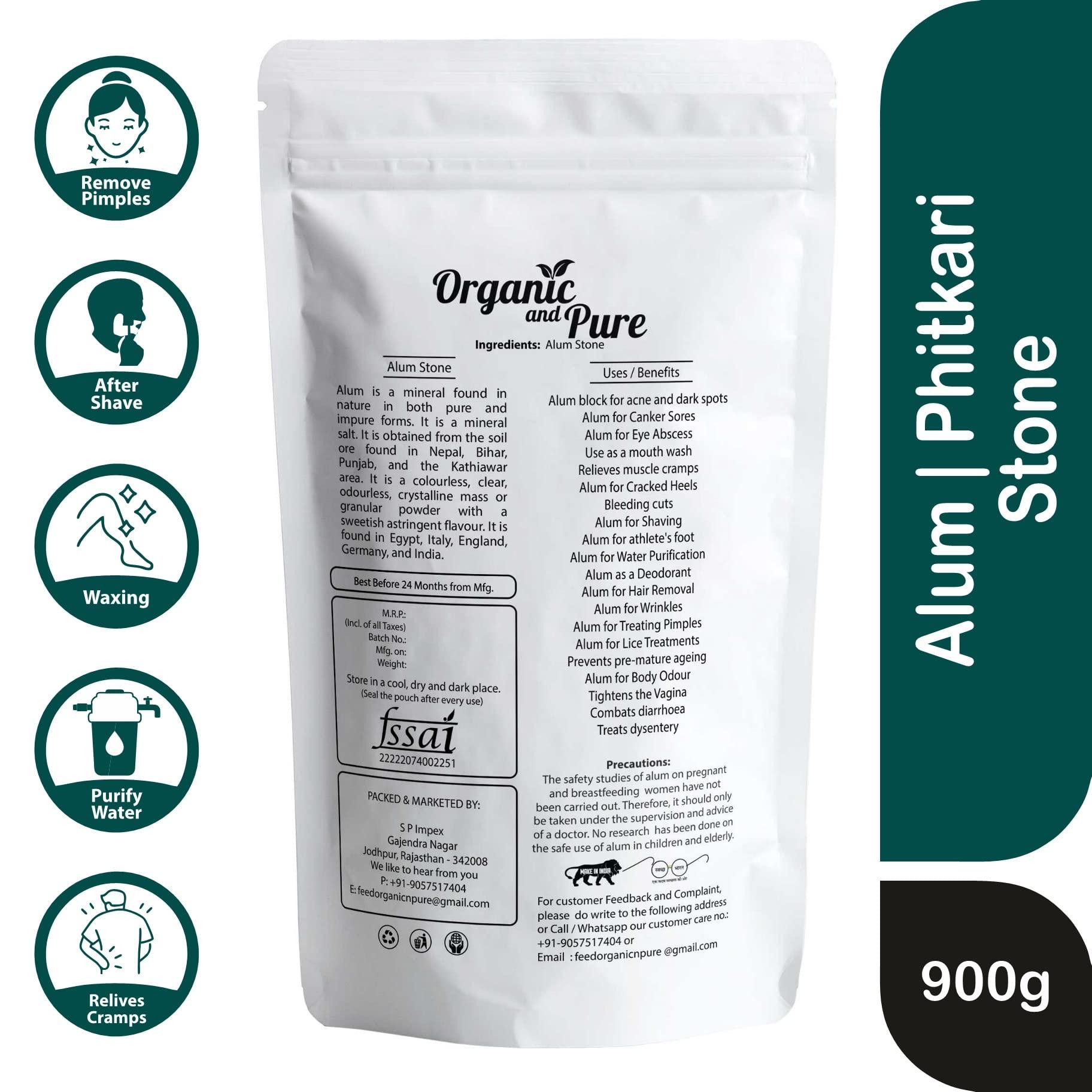 Organic and Pure Organic and Pure Alum Stone Block | Phitkari Alum Stone | Fitkari Stone for Skin Vastu Face Skin Hair Water Underarms Shave Teeth | Potassium Potash 900g