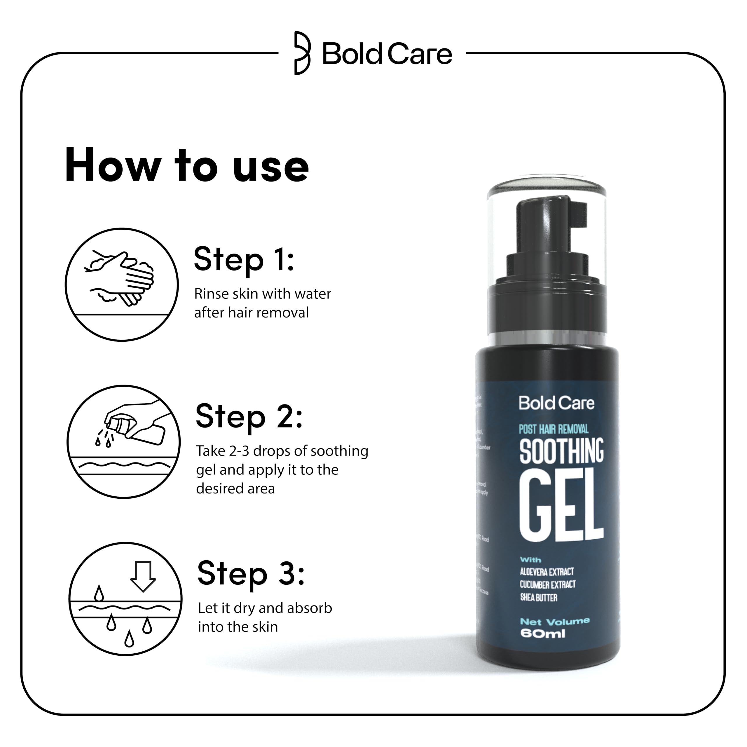 Bold Care Bold Care Post Hair Removal Soothing Gel for Men | Reduces ingrown hair & razor bumps | Soothes irritated skin | Contains Aloe Vera & Shea Butter | Use after shaving & hair removal (60 ml)