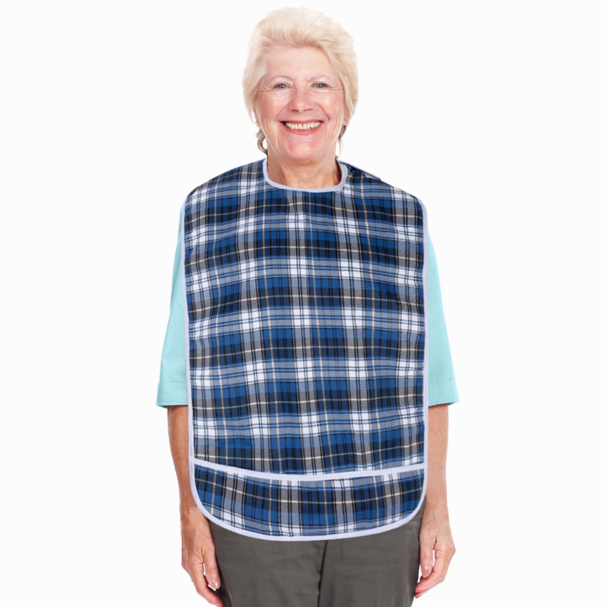 Shorewood Medical Adult Bib for Eating, Waterproof Clothing Protector with Crumb Catcher. Machine Washable, (Blue Plaid)