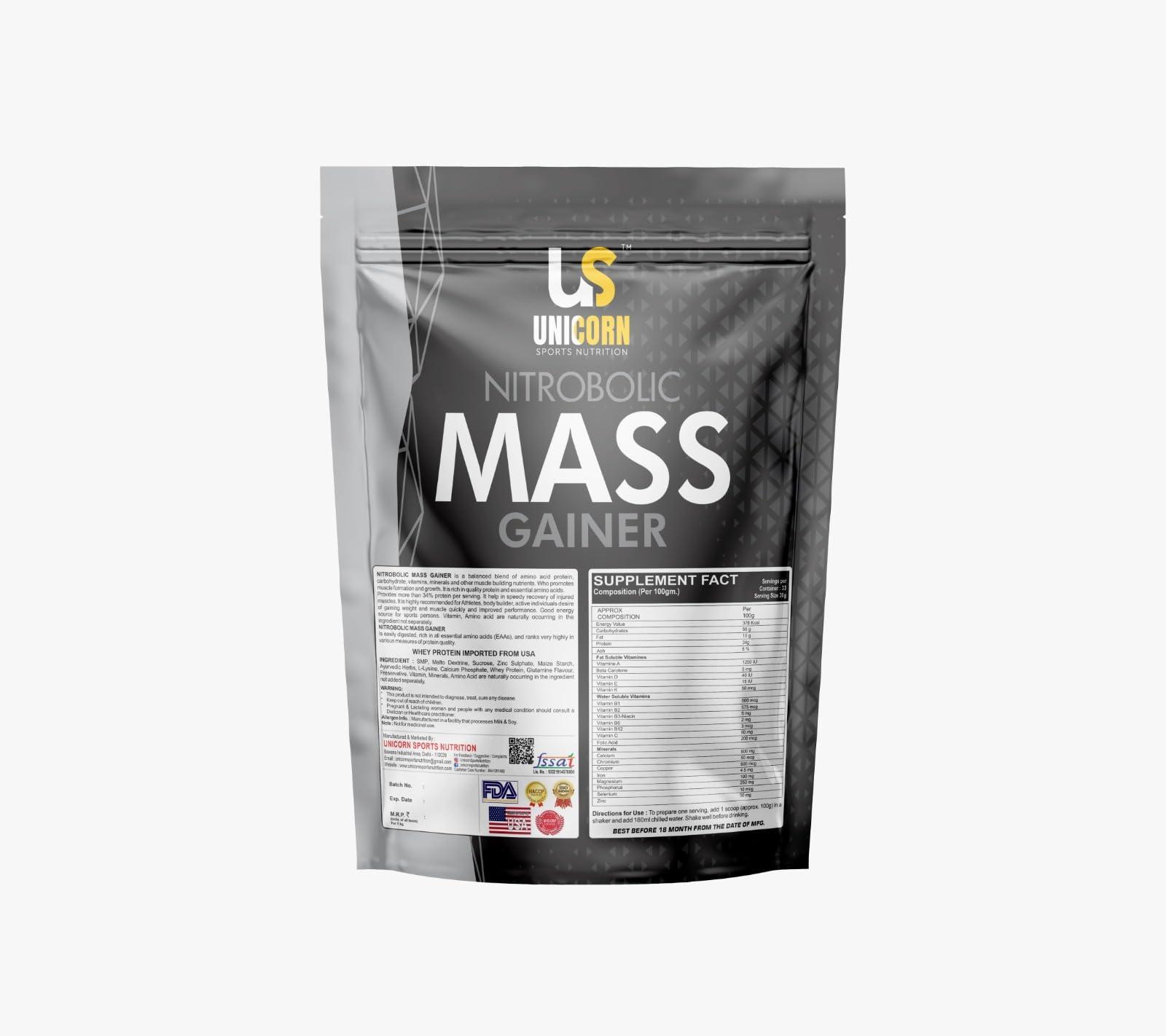 UNICORN SPORTS NUTRITION UNICORN SPORTS NUTRITION NITROBOLIC MASS GAINER WITH CREATINE FORMULA | HIGH PROTEIN GAINER | FOR MEN & WOMEN (Chocolate, 1KG)