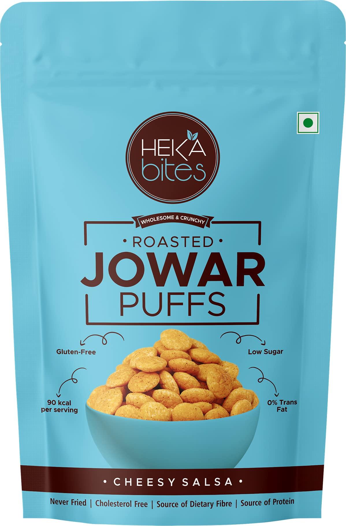 HEKA bites HEKA bites Roasted Jowar Puffs Cheesy Salsa - Pack of 6| 90 Kcal per serving| Made with 80% Jowar| Healthy Snack| Sugar Free| High Protein and Fibre| Cholesterol Free| Gluten Free (30g x 6)