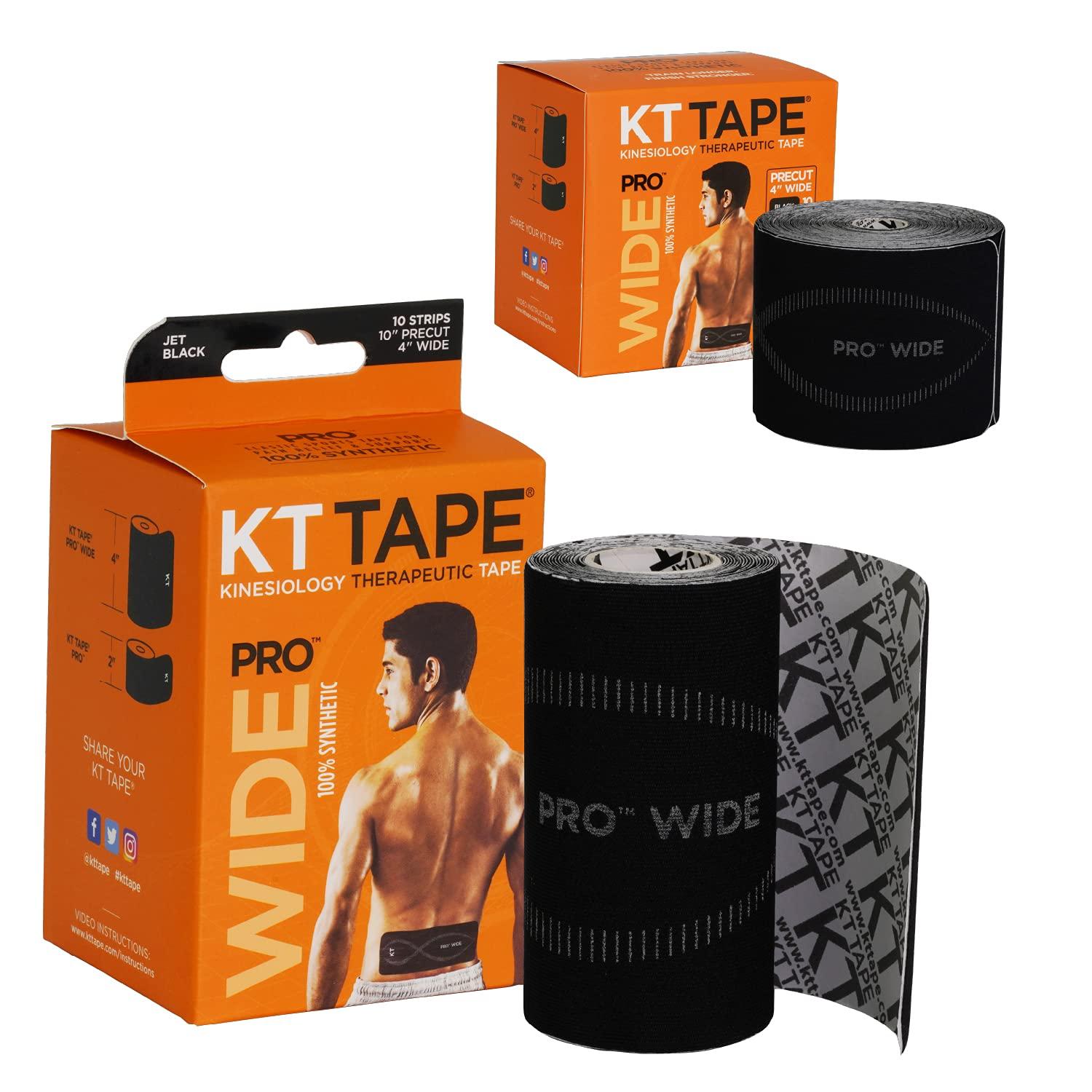 KT TAPE KT TAPE PRO WIDE Kinesiology Sports Tape, 10 Precut 10 Inch Strips, Double Width for Lower Back or Large Muscle Groups, 100% Synthetic, Water Resistant, Breathable