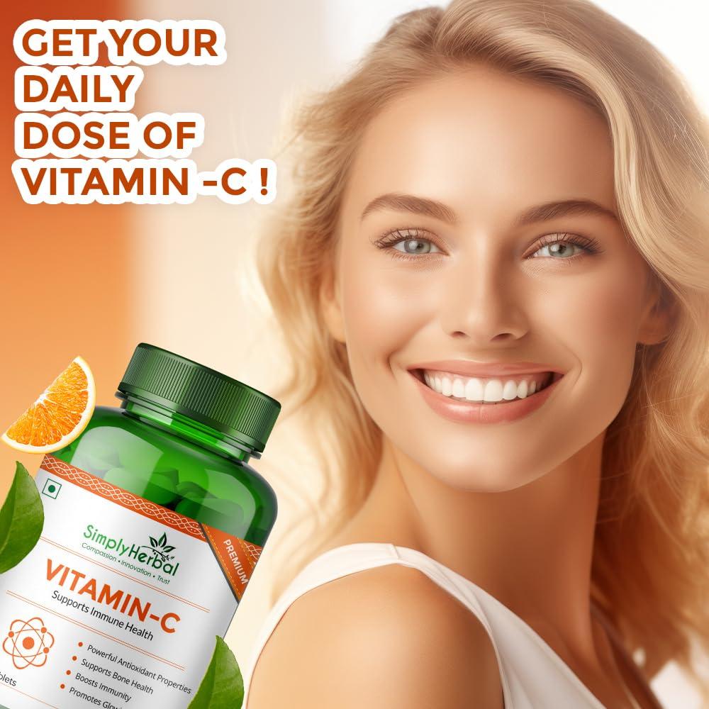 Simply Herbal Simply Herbal Vitamin C Tablets for Glowing Skin & Face, Support Immune Health, Natural Brightening, Supplement Promote Body Immunity & Overall Beauty Health for Men & Women - 120 Veg Tablets