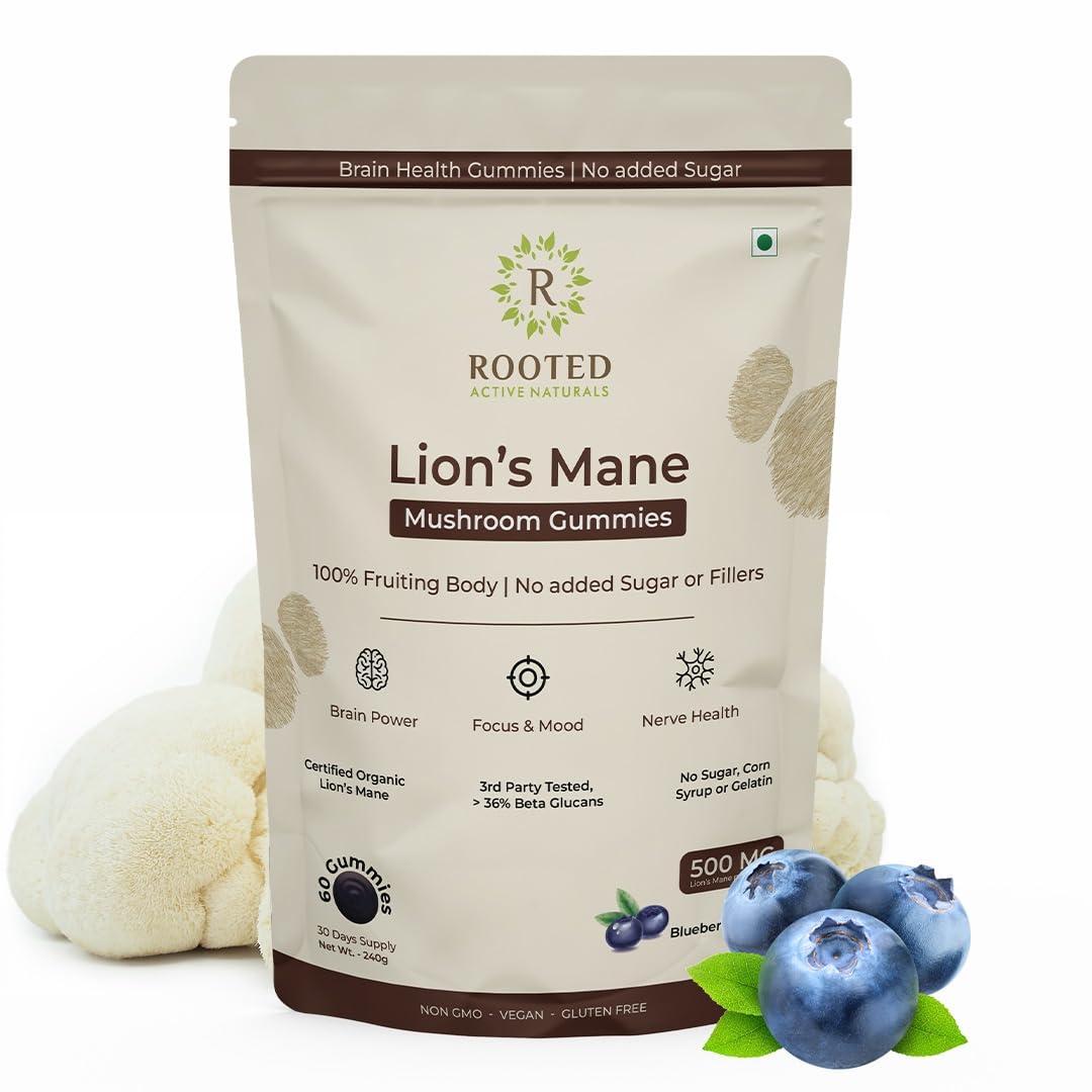 ROOTED Rooted Actives Certified Organic Lions Mane Mushroom Extract Gummies | Memory, Focus, Brain Powder & Nerve Health | Usda Organic, No Sugar, Blueberry Flavor | Lions Mane Powder