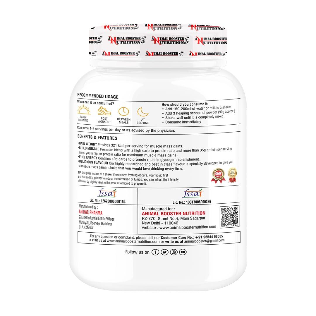 ANIMAL BOOSTER NUTRITION Animal Booster Nutrition Mega Mass Gold Weight Gainer, 35gm Of Protein in 90gm of Serving, For Weight Gain, Build Muscle & Fuel Energy Kesar Pista(11Servings/1KG)