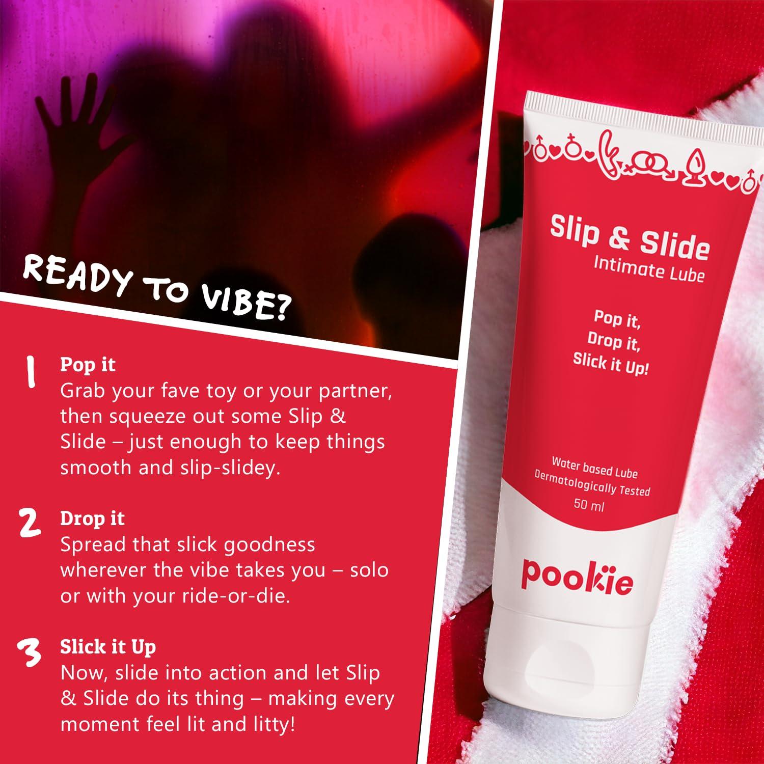 pookie Pookie Slip & Slide Lube - Long-Lasting & Non-Sticky Lubricant, Water-Based Intimate Gel for Men & Women with Natural Ingredients, Compatible with Condoms, Dermatologically Tested, 50ml